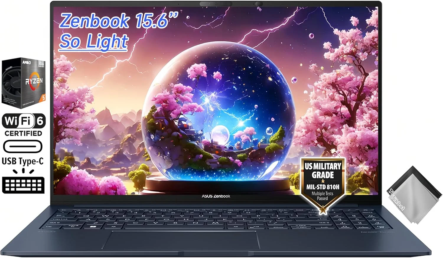 لپ تاپ باریک تجاری ASUS Zenbook 15، صفحه نمایش 15.6 اینچی FHD 100% sRGB، AMD Ryzen 5 7535U، کیبورد با نور پس زمینه، Wi-Fi 6E، USB C، ویندوز 11 هوم، همراه با پارچه (16 گیگابایت رم LPDDR5 | 512 گیگابایت SSD)