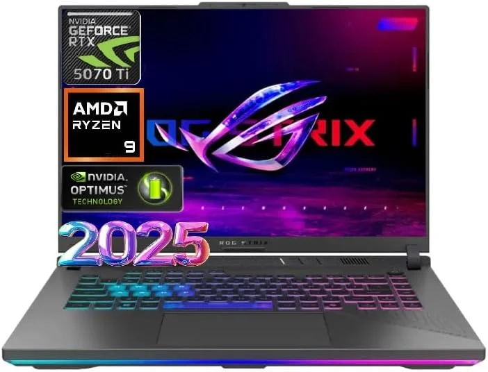 لپ تاپ گیمینگ ایسوس ROG Strix G16 مدل 2025، صفحه نمایش 16 اینچی FHD 165Hz، پردازنده 16 هسته ای AMD Ryzen 9 8940HX، کارت گرافیک RTX 5070 Ti، رم 16 گیگابایتی، SSD 1 ترابایتی، رنگ خاکستری Eclipse