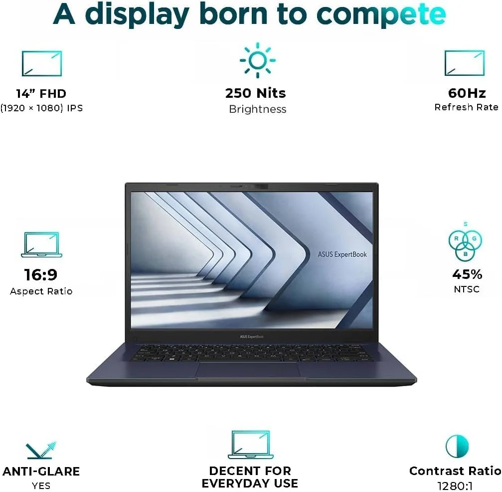 لپ تاپ ASUS ExpertBook B1 B1402CVA | پردازنده Intel Core i7-1355U | رم 16 گیگابایتی DDR4 | حافظه SSD 1 ترابایتی | گرافیک Intel Iris Xᵉ | صفحه نمایش 14 اینچی FHD ضد تابش نور LED | کیبورد Chiclet با نور پس زمینه | ویندوز 11 پرو | مشکی ستاره ای