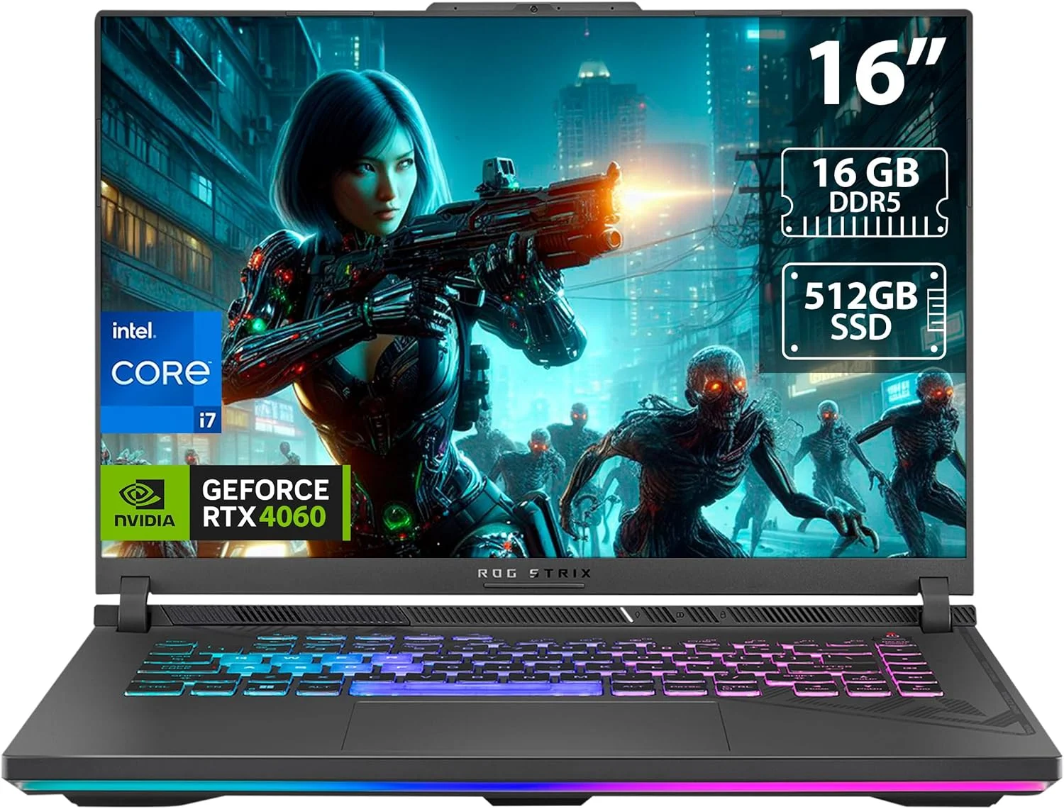 لپ تاپ گیمینگ ایسوس ROG Strix G16 (2023)، 16 اینچ 16:10 FHD 165Hz، GeForce RTX 4060، Intel Core i7-13650HX، 16 گیگابایت DDR5، 512 گیگابایت PCIe SSD، Wi-Fi 6E، ویندوز 11، G614JV-AS73، خاکستری کسوفی