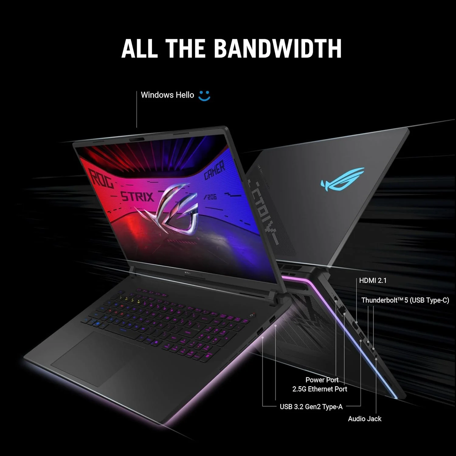 لپ تاپ گیمینگ ایسوس ROG Strix SCAR 18 (2025)، نمایشگر 18 اینچی ROG Nebula HDR 16:10 2.5K 240Hz/3ms، کارت گرافیک NVIDIA® GeForce RTX™ 5080، پردازنده Intel® Core™ Ultra 9 275HX، رم 32 گیگابایت DDR5-5600، حافظه SSD 2 ترابایت PCIe Gen 4، Wi-Fi 7، ویندوز 11 پرو