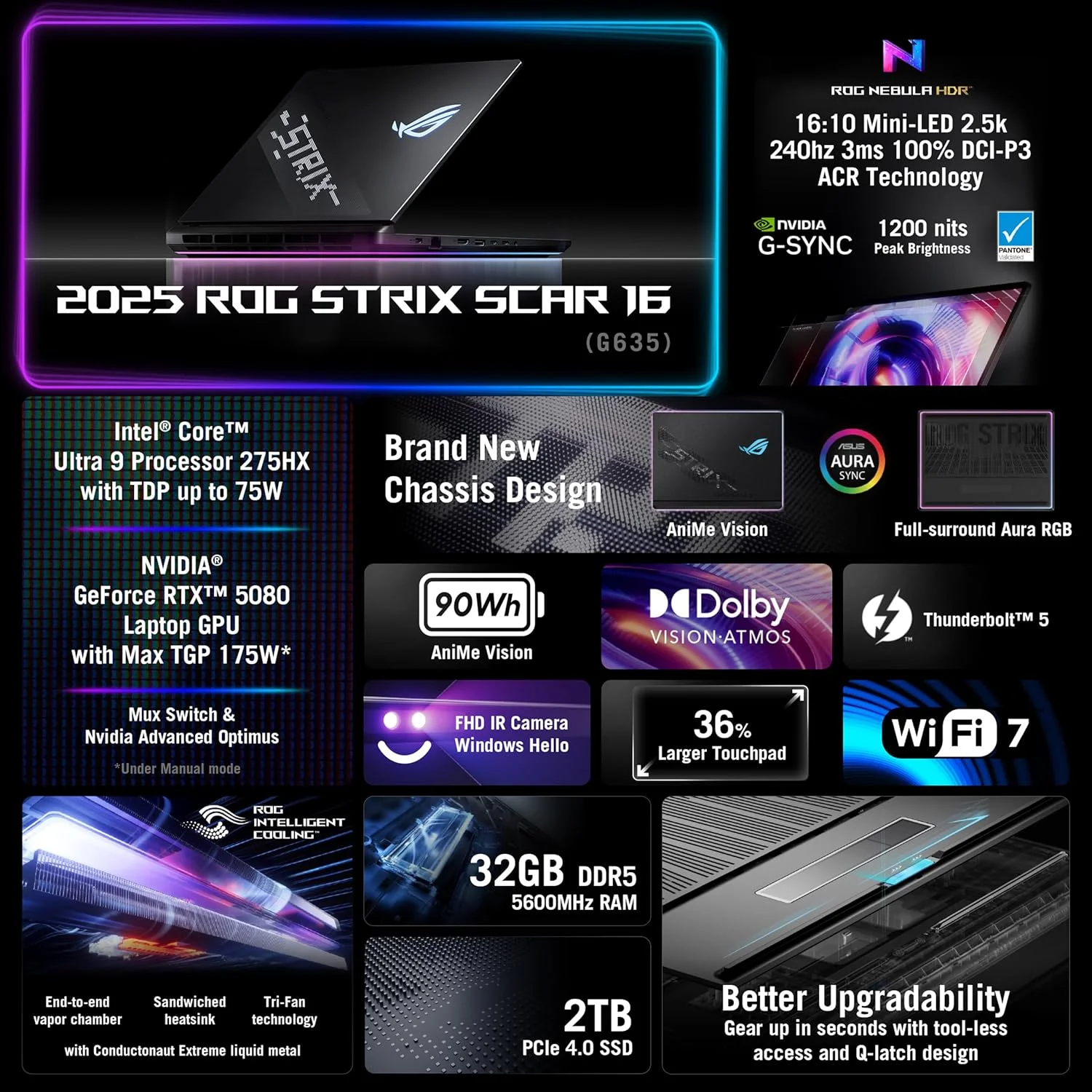 لپ تاپ گیمینگ ایسوس ROG Strix Scar 18 (2025)، نمایشگر 18 اینچی ROG Nebula HDR 16:10 2.5K 240Hz/3ms، کارت گرافیک NVIDIA GeForce RTX 5070 Ti، پردازنده Intel Core Ultra 9 275HX، رم 32 گیگابایتی DDR5، حافظه SSD 1 ترابایتی PCIe، Wi-Fi 7، ویندوز 11 پرو، G835LR-XS96 لپ تاپ گیمینگ ایسوس ROG Strix Scar 18 (2025)، نمایشگر 18 اینچی ROG Nebula HDR 16:10 2.5K 240Hz/3ms، کارت گرافیک NVIDIA GeForce RTX 5070 Ti، پردازنده Intel Core Ultra 9 275HX، رم 32 گیگابایتی DDR5، حافظه SSD 1 ترابایتی PCIe، Wi-Fi 7، ویندوز 11 پرو، G835LR-XS96