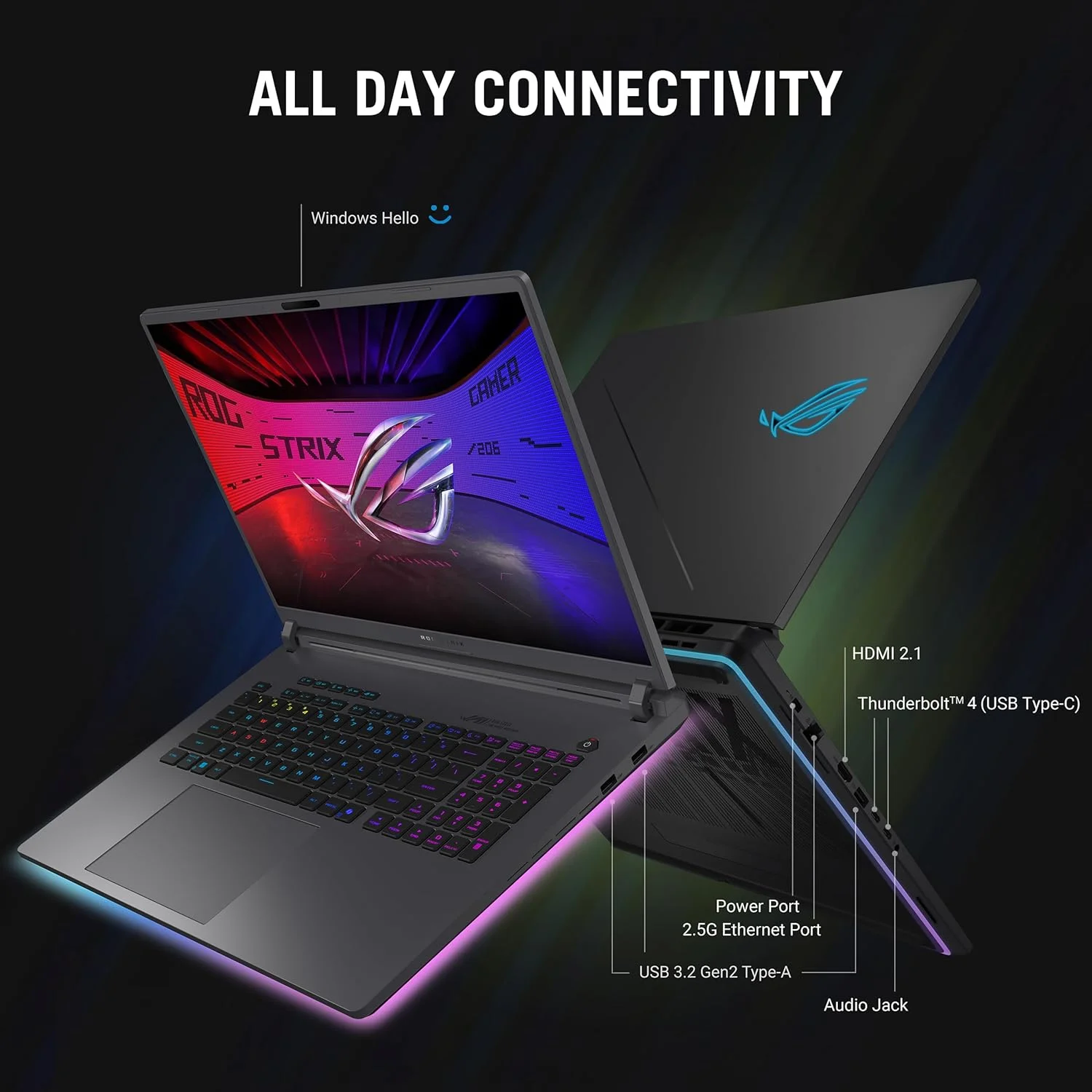 لپ تاپ گیمینگ ایسوس ROG Strix G18 (2025)، نمایشگر 18 اینچی ROG Nebula با نسبت تصویر 16:10 و رزولوشن 2.5K و نرخ 240 هرتز/3 میلی‌ثانیه، کارت گرافیک NVIDIA® GeForce RTX™ 5070، پردازنده Intel® Core™ Ultra 9 275HX، حافظه رم 32 گیگابایتی DDR5-5600، حافظه SSD 2 ترابایتی PCIe Gen 4، Wi-Fi 7، ویندوز 11 پرو