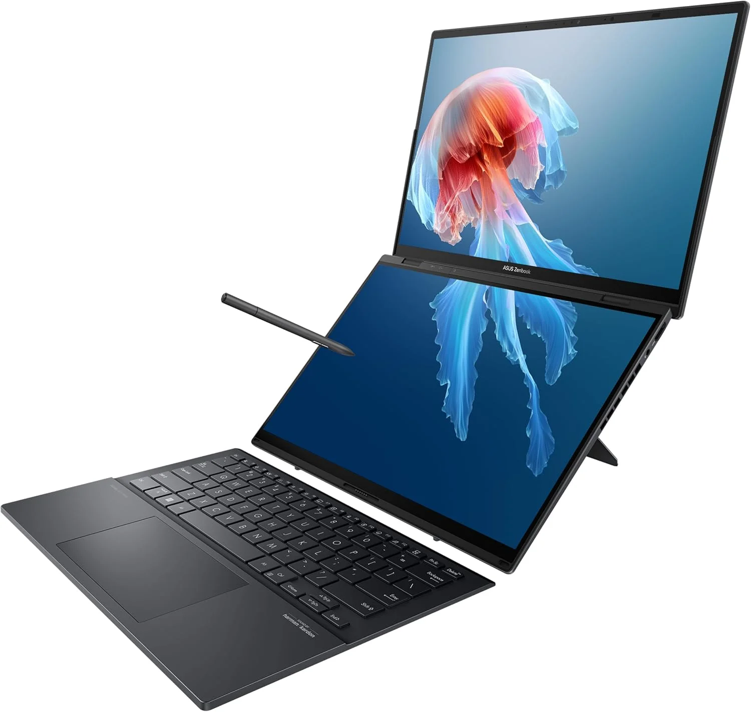لپ تاپ ASUS Zenbook Duo، دارای دو نمایشگر لمسی 14 اینچی OLED 3K 120 هرتز، دارای گواهینامه Intel Evo، پردازنده Intel Core Ultra 9 185H، گرافیک Intel Arc، رم 32 گیگابایتی، SSD 1 ترابایتی، ویندوز 11، خاکستری جوهری، UX8406MA-PS99T