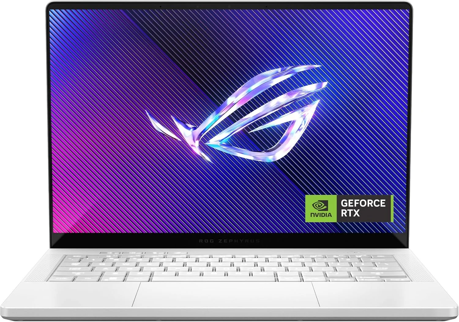 لپ تاپ گیمینگ ایسوس ROG Zephyrus G14 GA403UI-OLED7WPW سفید پلاتینی، پردازنده R7-7 8845HS، رم 16 گیگابایت، حافظه SSD 1 ترابایت PCIe 4.0 M.2، کارت گرافیک RTX 4070 با 8 گیگابایت VRAM، ویندوز 11 پرو، صفحه نمایش 14 اینچ 3K 16:10 129 هرتز، کیبورد با نور پس زمینه RGB انگلیسی-عربی