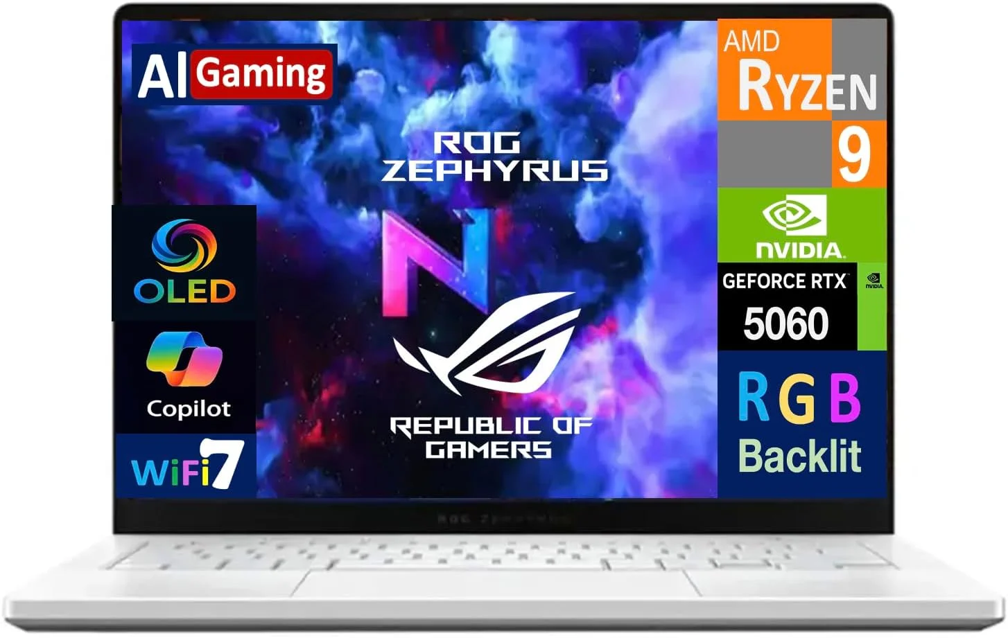 لپ تاپ گیمینگ ایسوس ROG Zephyrus G14 (2025) GA403UM، صفحه نمایش 14 اینچی 3K OLED 120 هرتز، پردازنده AMD Ryzen 9 270، کارت گرافیک NVIDIA GeForce RTX 5060 8GB، رم 16GB LPDDR5X، حافظه SSD 1TB PCIe، ویندوز 11 هوم - سفید پلاتینی