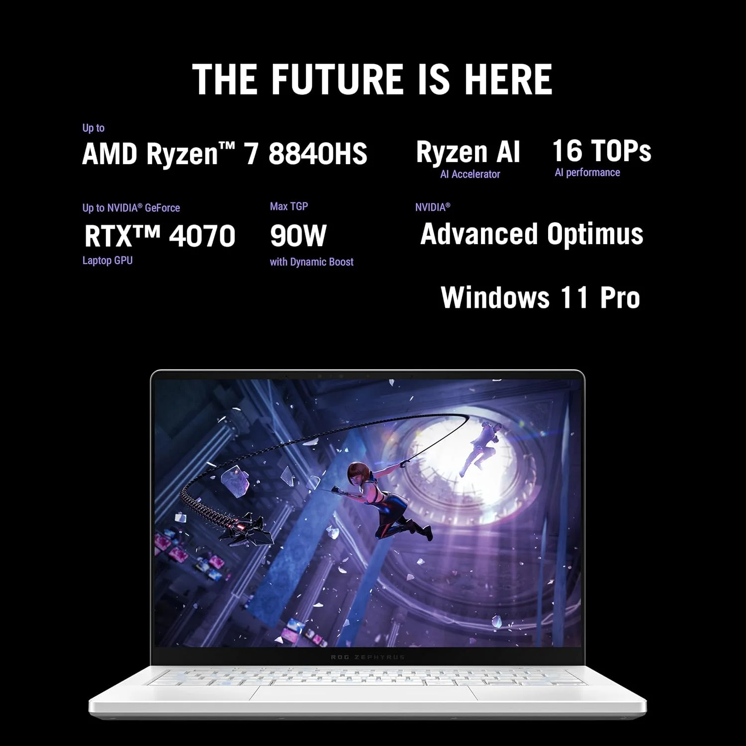 لپ تاپ گیمینگ ایسوس ROG Zephyrus G14 GA403UI-OLED7WPW سفید پلاتینی، پردازنده R7-7 8845HS، رم 16 گیگابایت، حافظه SSD 1 ترابایت PCIe 4.0 M.2، کارت گرافیک RTX 4070 با 8 گیگابایت VRAM، ویندوز 11 پرو، صفحه نمایش 14 اینچ 3K 16:10 129 هرتز، کیبورد با نور پس زمینه RGB انگلیسی-عربی