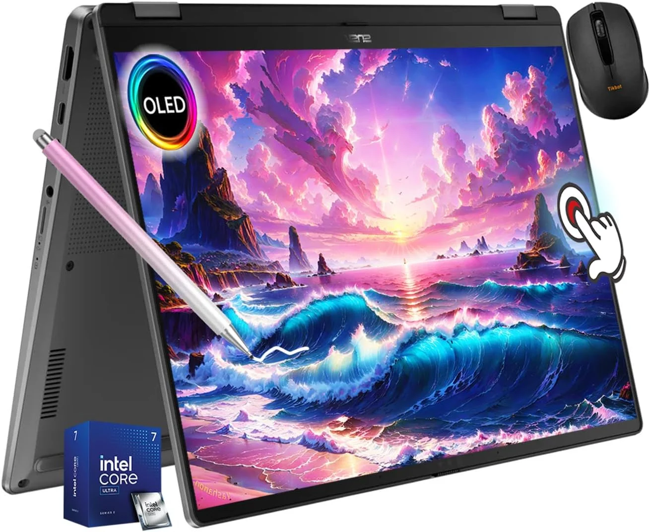 لپ تاپ لمسی ASUS Vivobook Flip 14" OLED Copilot+، پردازنده Intel EVO Core Ultra 7 256V، وای فای 7، لولای 360 درجه، Thunderbolt4، ویندوز 11، همراه با ماوس بی سیم و قلم استایلوس (16 گیگابایت رم | 4 ترابایت SSD)