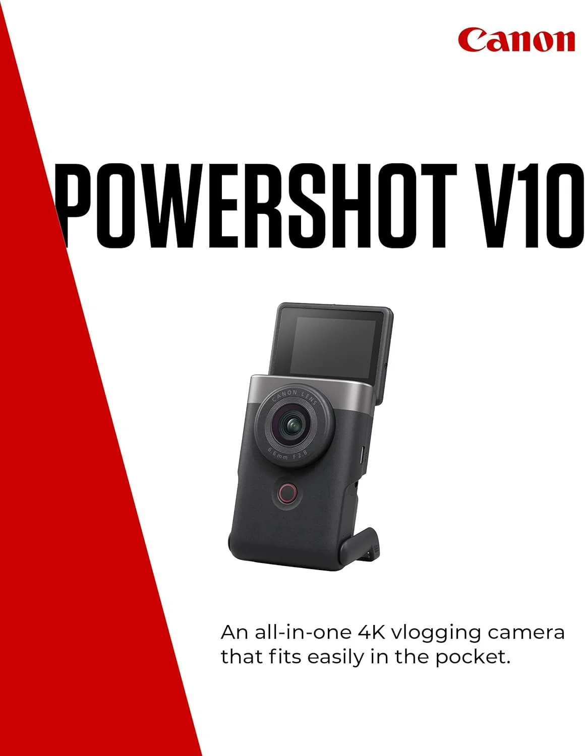 کیت استارتر دوربین فیلمبرداری کانن PowerShot V10 نقره ای (لنز واید، دوربین 4K، صفحه نمایش لمسی تاشو، میکروفون استریو، سه پایه، استریمینگ، تولید محتوا)