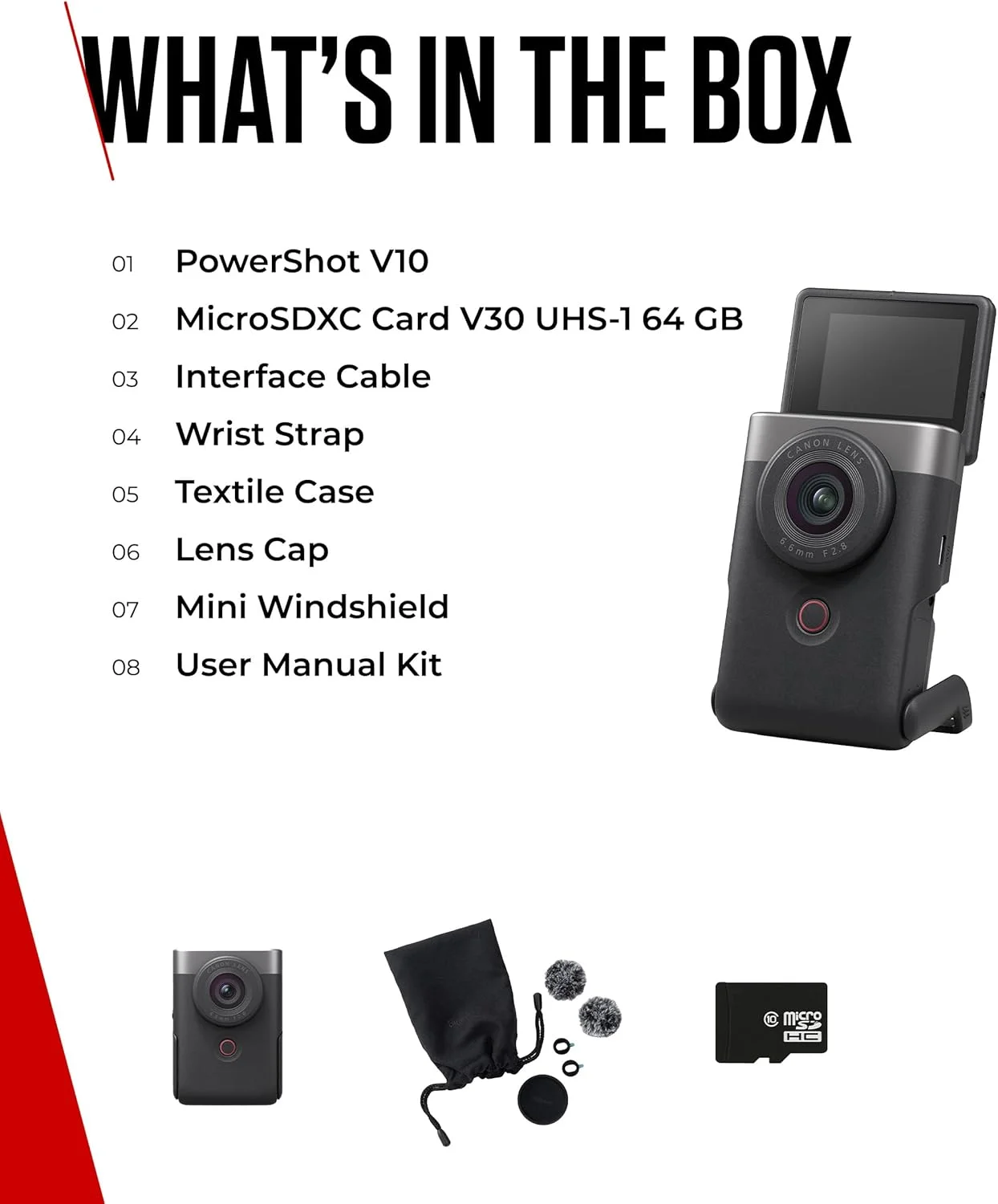 کیت استارتر دوربین فیلمبرداری کانن PowerShot V10 نقره ای (لنز واید، دوربین 4K، صفحه نمایش لمسی تاشو، میکروفون استریو، سه پایه، استریمینگ، تولید محتوا)