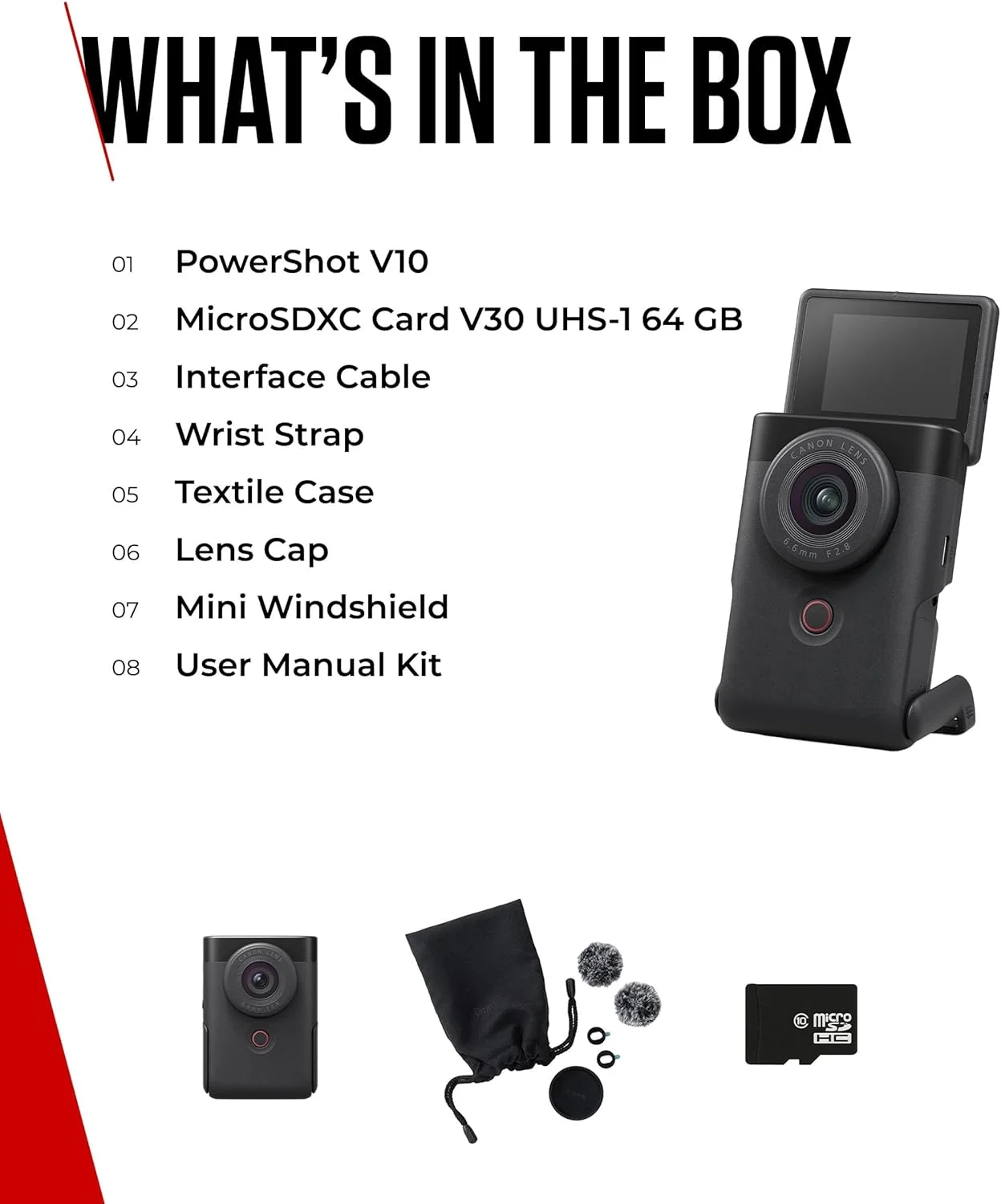 کیت استارتر دوربین فیلمبرداری کانن PowerShot V10 - دوربین دیجیتال (لنز واید، دوربین فیلمبرداری 4K، صفحه نمایش لمسی تاشو، میکروفون استریو، سه پایه، استریمینگ، تولید محتوا)
