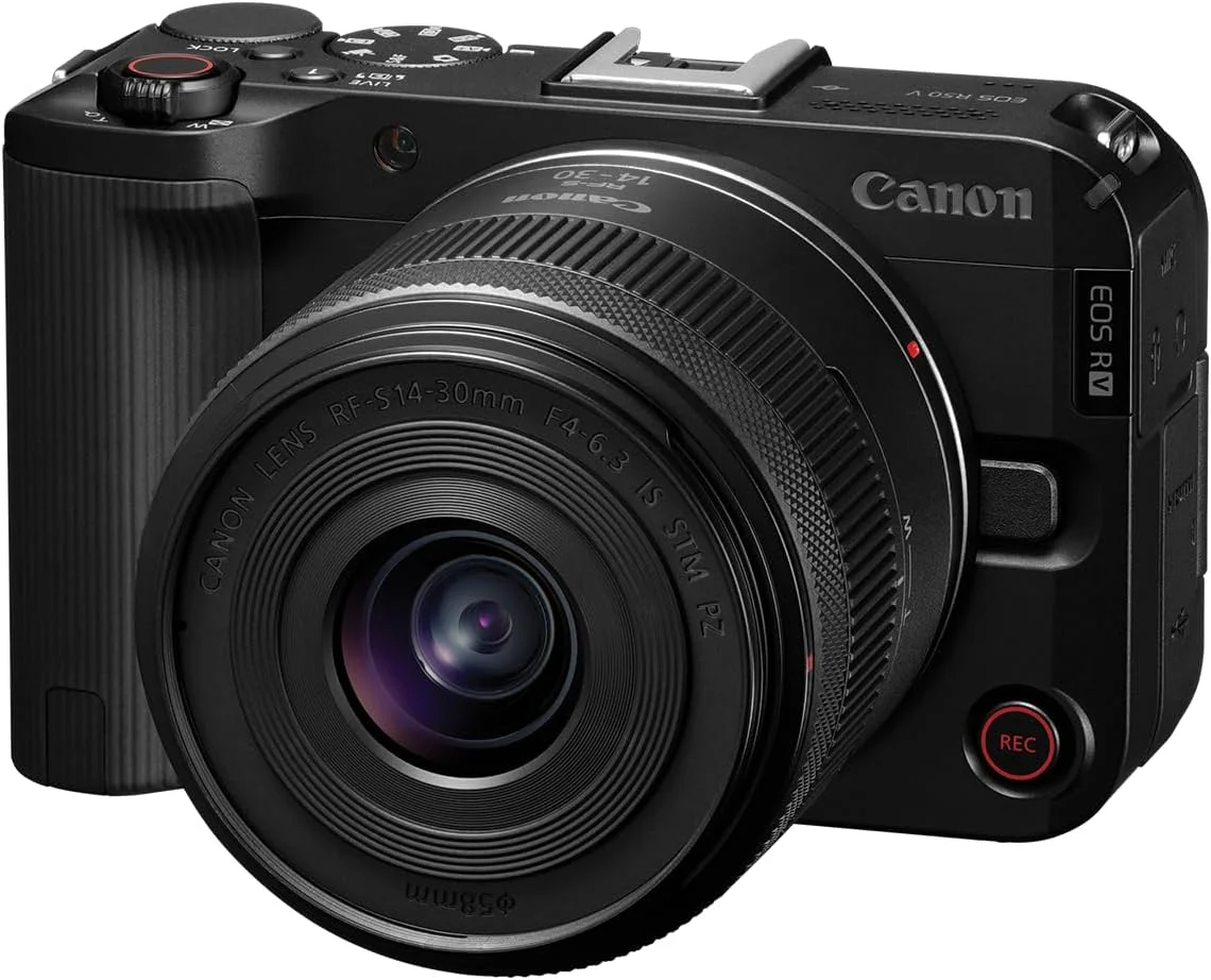 دوربین هیبریدی بدون آینه Canon EOS R50 V با لنز RF-S14-30mm F4-6.3 IS STM PTZ، لنز زوم زاویه فوق عریض، فیلمبرداری عمودی، ولاگ، پخش زنده، تولید محتوا