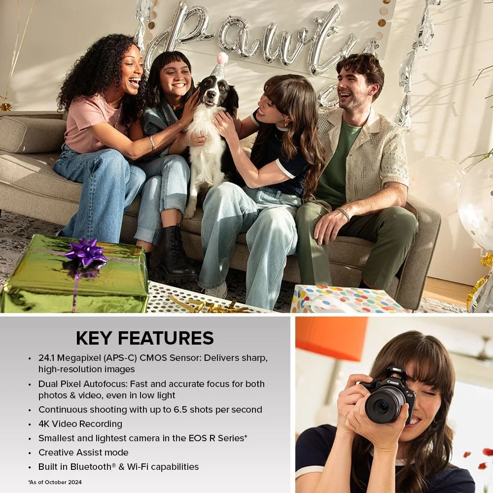 کیت دوربین بدون آینه Canon EOS R100 با لنزهای RF-S18-45mm F4.5-6.3 is STM و RF-S55-210mm F5-7.1 is STM، مانت RF، 24.1 مگاپیکسل، عکاسی پیوسته، فیلمبرداری Full HD و 4K، سبک وزن، Wi-Fi، مناسب تولید محتوا