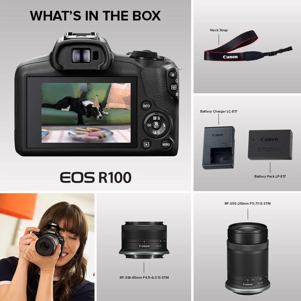 کیت دوربین بدون آینه Canon EOS R100 با لنزهای RF-S18-45mm F4.5-6.3 is STM و RF-S55-210mm F5-7.1 is STM، مانت RF، 24.1 مگاپیکسل، عکاسی پیوسته، فیلمبرداری Full HD و 4K، سبک وزن، Wi-Fi، مناسب تولید محتوا
