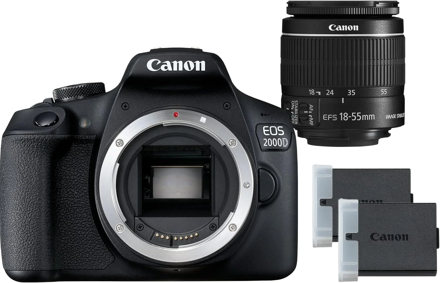 دوربین DSLR کانن EOS 2000D به همراه لنز EF-S 18-55mm f/3.5-5.6 IS II و باتری اضافی - دوربین DSLR با کاربری آسان به همراه یک لنز همه کاره و یک باتری اضافی، ایده آل برای پرتره و منظره - انحصاری آمازون