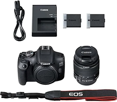 دوربین DSLR کانن EOS 2000D به همراه لنز EF-S 18-55mm f/3.5-5.6 IS II و باتری اضافی - دوربین DSLR با کاربری آسان به همراه یک لنز همه کاره و یک باتری اضافی، ایده آل برای پرتره و منظره - انحصاری آمازون