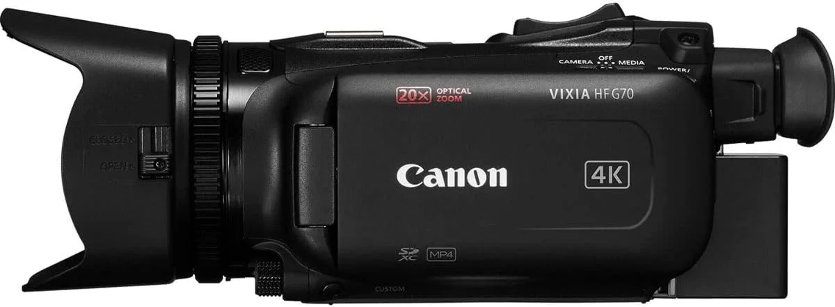 دوربین فیلمبرداری Canon VIXIA HF G70 با حسگر CMOS 4K UHD 1/2.3 اینچی، زوم اپتیکال 20 برابر، زوم دیجیتال 800 برابر، تثبیت کننده تصویر، HDMI، پخش زنده USB، ضبط نمایشگر مهر زمان