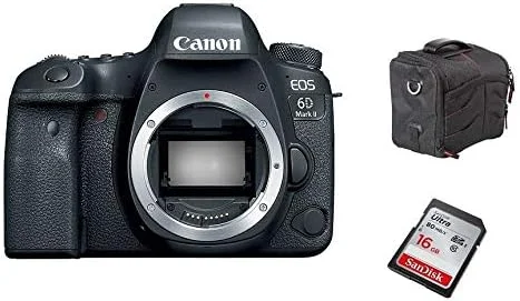 دوربین عکاسی کانن EOS 6D Mark II Body به همراه سه پایه سنگین TR395، مشکی + کارت حافظه Sandisk SDHC 16GB Ultra 80MB/S + کیف حمل هوشمند