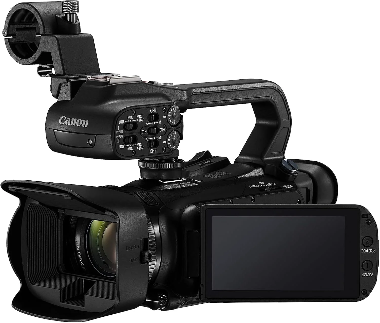 دوربین فیلمبرداری حرفه ای Canon XA65 با حسگر CMOS 4K UHD 1/2.3 اینچی، زوم اپتیکال 20 برابر، زوم دیجیتال 800 برابر، تثبیت کننده تصویر، 3G-SDI، HDMI، پخش زنده USB، ضبط نمایشگر زمان، ورودی های صوتی XLR