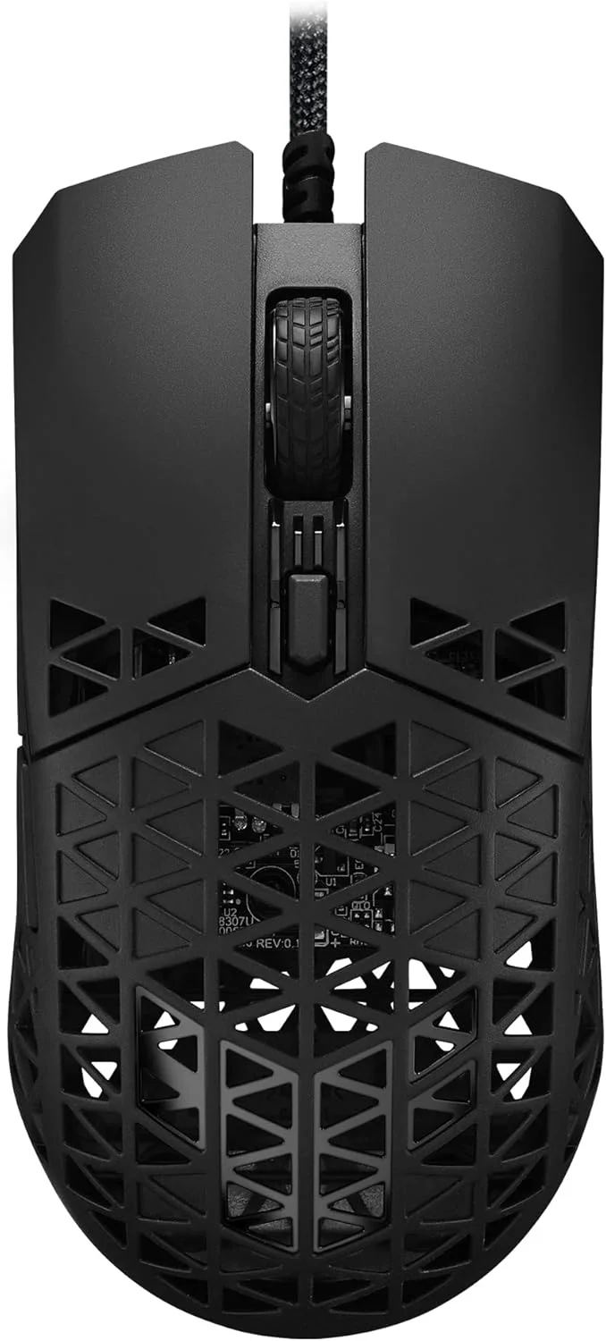 موس گیمینگ سیمی ASUS TUF Gaming M4 Air، حسگر 16000 DPI، 6 دکمه قابل برنامه ریزی، بدنه فوق سبک Air Shell، مقاومت در برابر آب IPX6، محافظ ضد باکتری ASUS، سیم TUF Gaming Paracord، پایه های PTFE خالص، مشکی