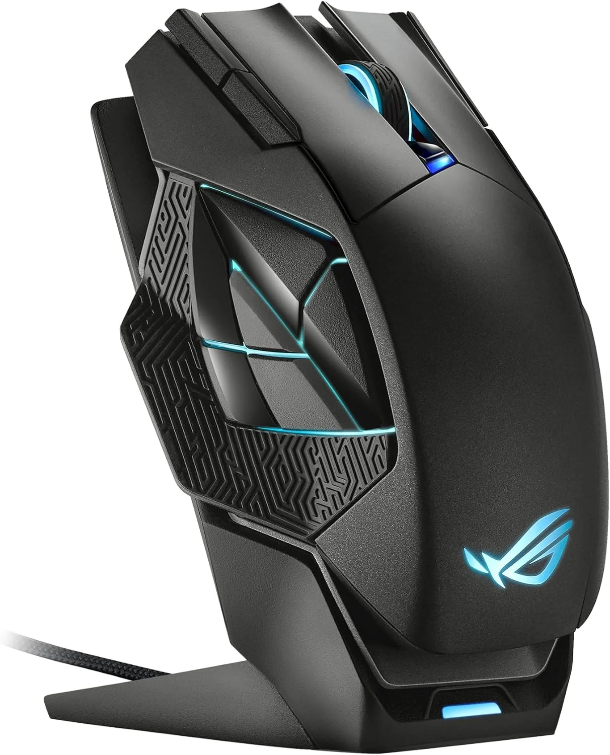موس گیمینگ بی‌سیم ایسوس ROG Spatha X، 2.4 گیگاهرتز / USB سیمی، سنسور اپتیکال 19000 DPI، 12 دکمه قابل برنامه‌ریزی، RGB، طراحی سوییچ قابل تعویض، میکرو سوییچ‌ها، پایه شارژ مغناطیسی، مشکی