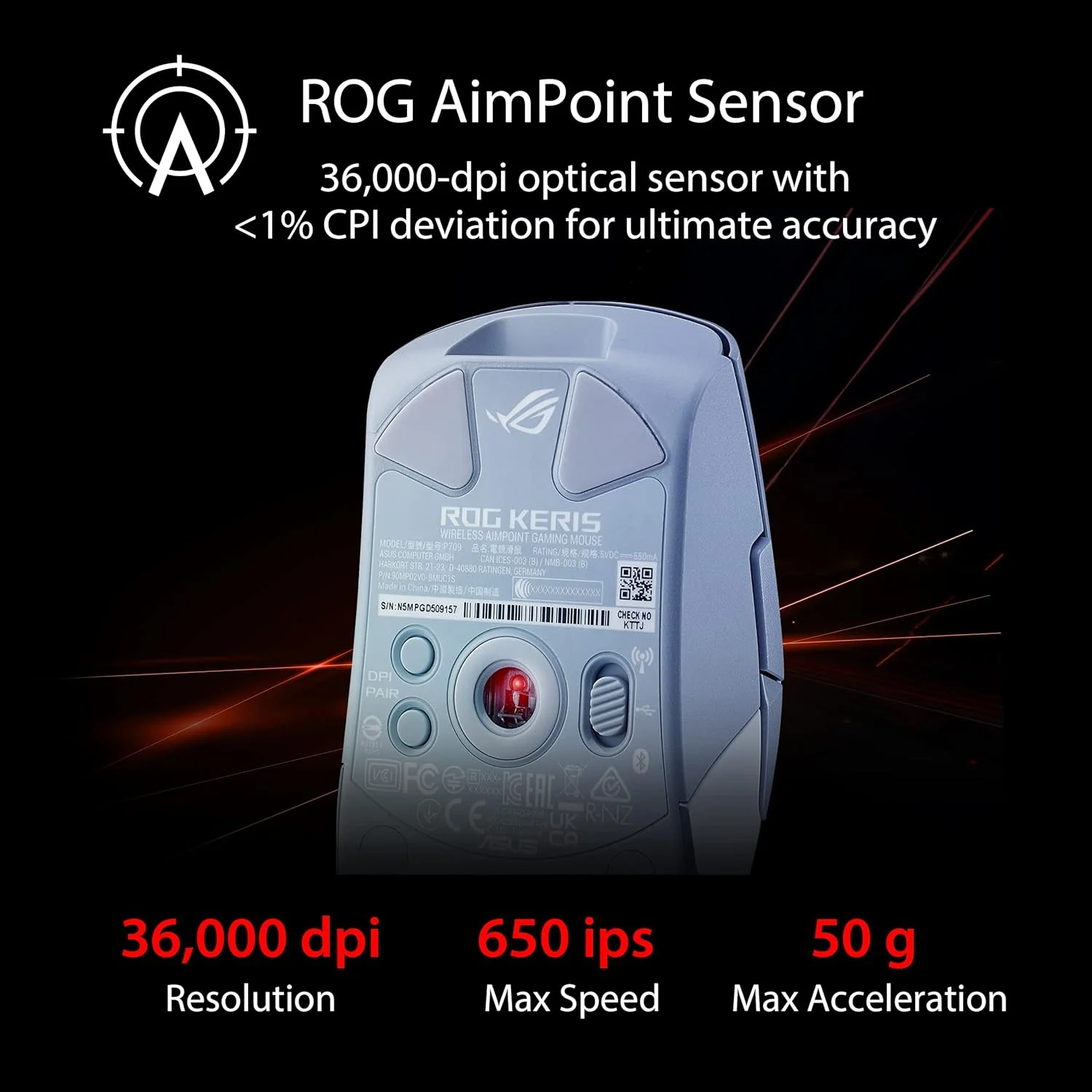 ماوس گیمینگ بی سیم ایسوس ROG Keris Wireless AimPoint، اتصال سه حالته، حسگر 36000 DPI، 5 دکمه قابل برنامه ریزی، ROG SpeedNova، سوئیچ های قابل تعویض، کابل Paracord، سفید