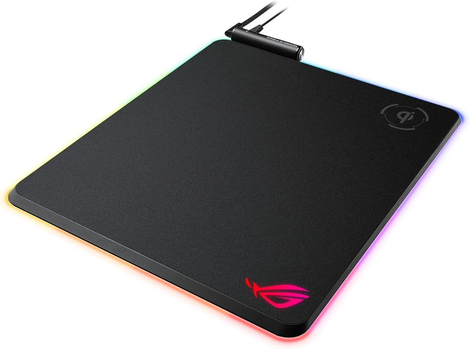 ماوس پد گیمینگ عمودی ایسوس Rog BaltEUs Qi با منطقه شارژ بی سیم، سطح سخت با بافت ریز، عبور USB، نورپردازی Aura Sync RGB و پایه ضد لغزش (32.6 x 37.1 سانتی متر)