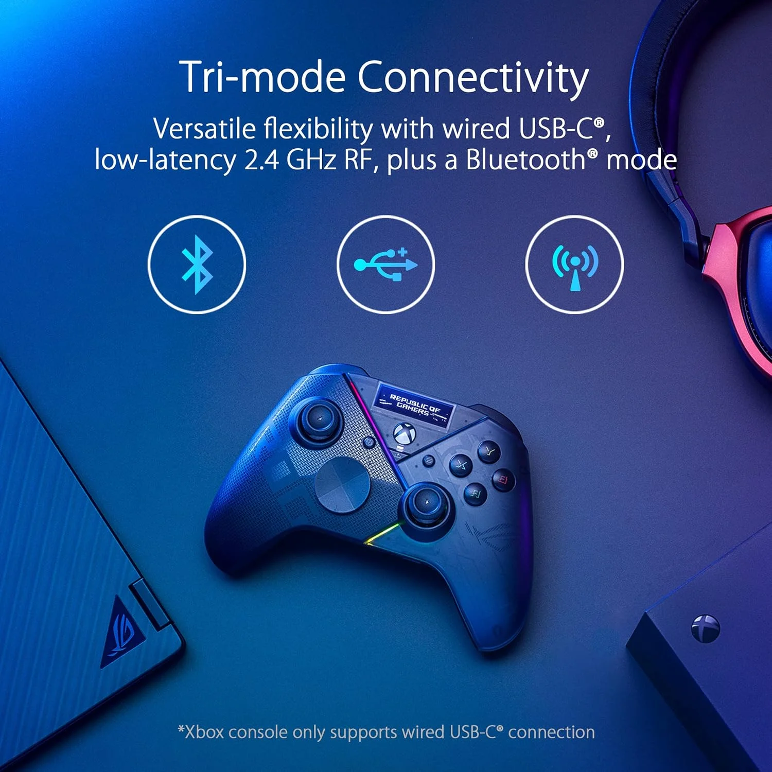 کنترلر گیمینگ بی سیم ASUS ROG Raikiri Pro، نمایشگر OLED، اتصال USB-C/2.4GHz/BT در رایانه شخصی، USB-C در Xbox، 4 دکمه پشتی قابل برنامه ریزی، ماشه های پله ای/خطی، حساسیت جوی استیک قابل تنظیم، جک 3.5 میلی متری، ESS DAC کنترلر گیمینگ بی سیم ASUS ROG Raikiri Pro، نمایشگر OLED، اتصال USB-C/2.4GHz/BT در رایانه شخصی، USB-C در Xbox، 4 دکمه پشتی قابل برنامه ریزی، ماشه های پله ای/خطی، حساسیت جوی استیک قابل تنظیم، جک 3.5 میلی متری، ESS DAC