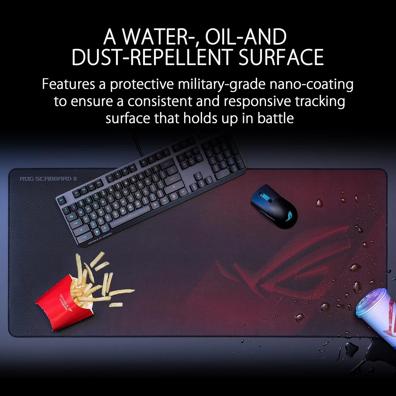 ماوس پد گیمینگ بزرگ ASUS ROG Scabbard II | فناوری نانو برای ردیابی روان | پوشش محافظ برای دفع آب، روغن و گرد و غبار | لبه های صاف و ضد فرسایش | پایه لاستیکی ضد لغزش ماوس پد گیمینگ بزرگ ASUS ROG Scabbard II | فناوری نانو برای ردیابی روان | پوشش محافظ برای دفع آب، روغن و گرد و غبار | لبه های صاف و ضد فرسایش | پایه لاستیکی ضد لغزش