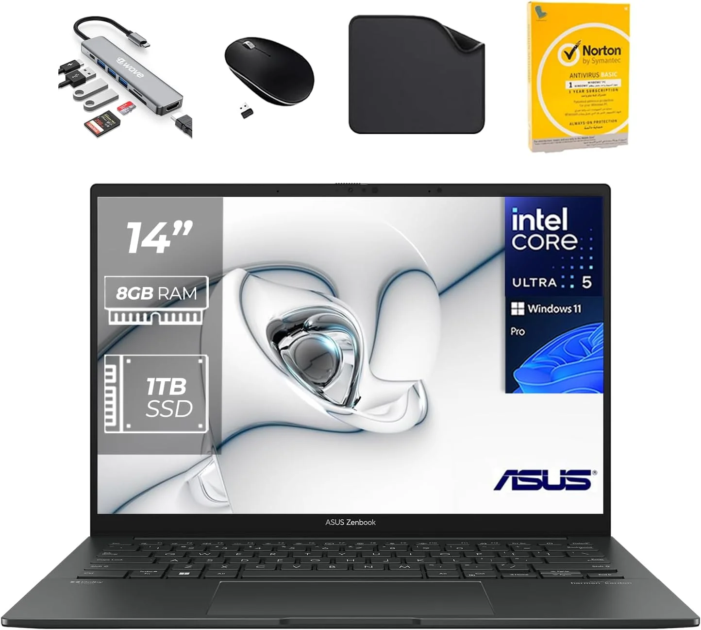 لپ تاپ تجاری ایسوس ZenBook Q415 - اینتل Ultra 5-125H، رم 8 گیگابایت DDR5، اس اس دی 1 ترابایت، صفحه نمایش لمسی 14 اینچی OLED، گرافیک Intel ARC، ویندوز 11 پرو - شامل هاب 7 در 1 فرست ویو، ماوس، ماوس پد و آنتی ویروس