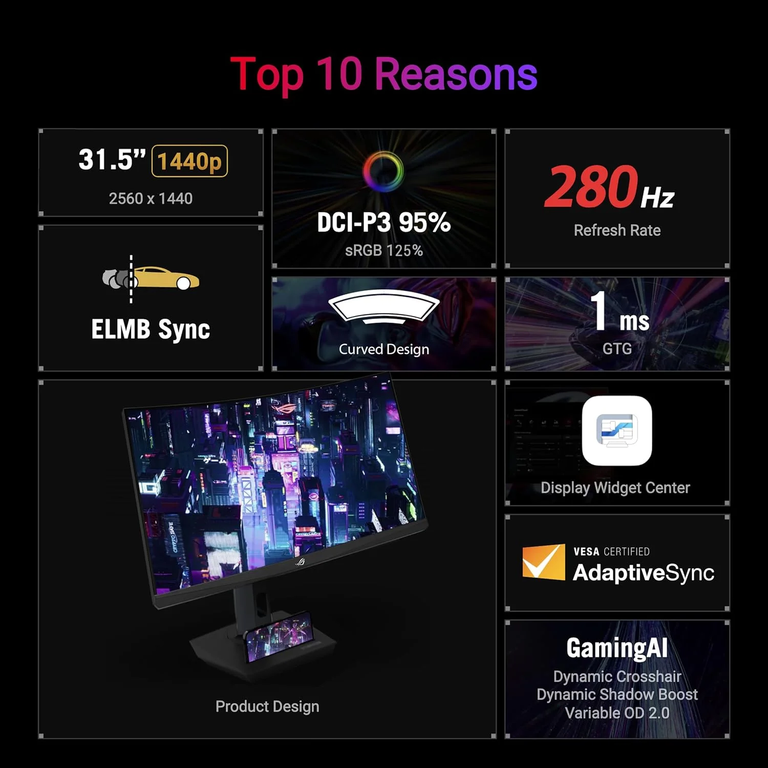 مانیتور گیمینگ ASUS ROG Strix XG32WCMS USB Type-C – سایز 32 اینچ (31.5 اینچ قابل مشاهده) 2560x1440، خمیده، 280 هرتز (بالاتر از 144 هرتز)، 1 میلی‌ثانیه (GTG)، Fast VA، Extreme Low Motion Blur Sync