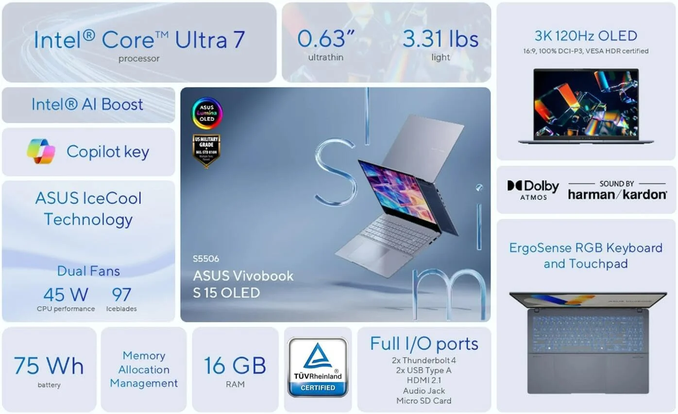 لپ تاپ 15.6 اینچی ASUS Vivobook S با صفحه نمایش 3K OLED 120Hz Copilot+ AI، پردازنده Intel Core Ultra 7-155H Evo، Wi-Fi 6E، وب کم FHD، Thunderbolt 4، ویندوز 11، به همراه ماوس (16 گیگابایت رم | 2 ترابایت SSD)