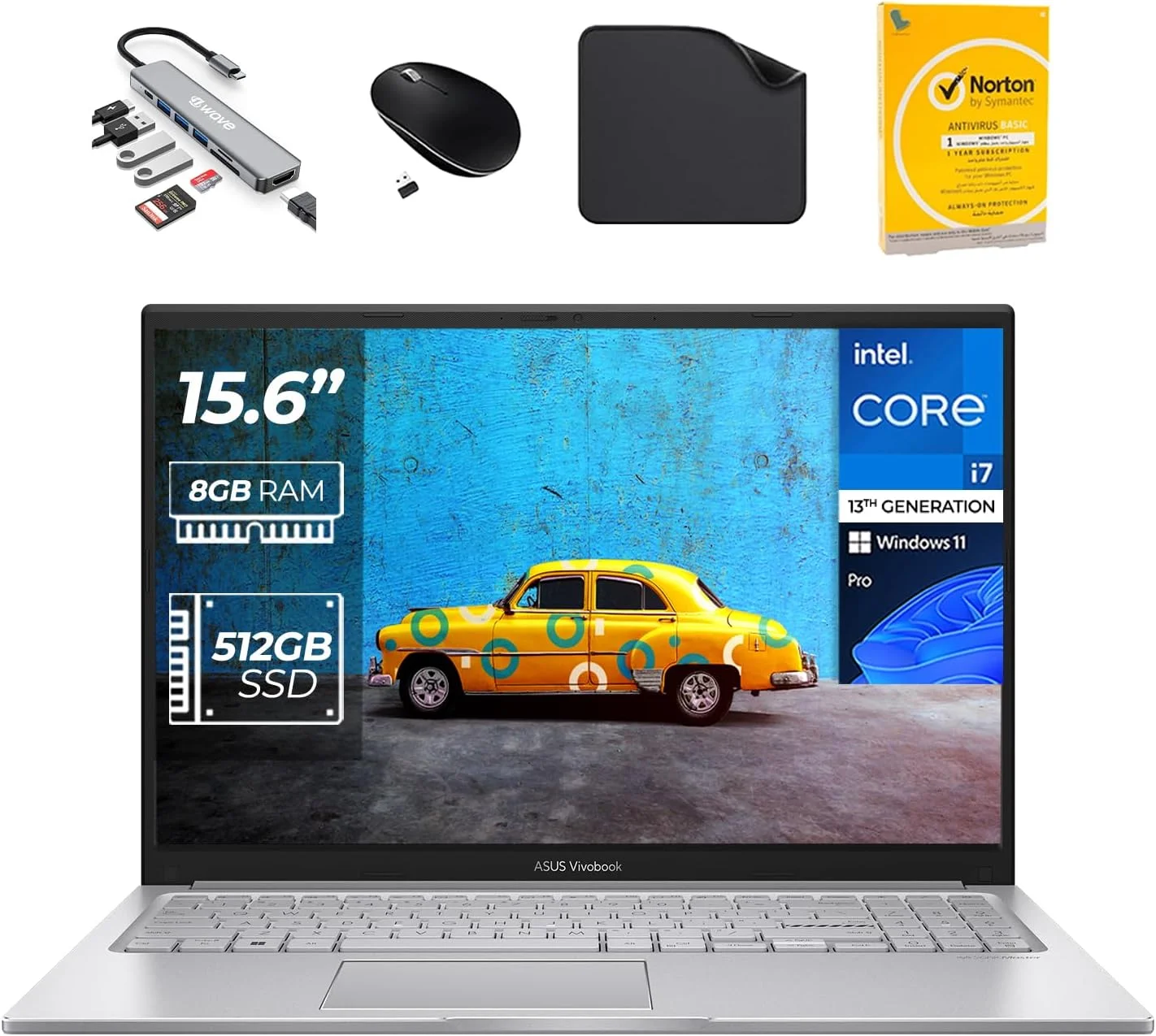لپ تاپ تجاری ایسوس Vivobook 15 X1504VA، صفحه نمایش 15.6 اینچی FHD، پردازنده نسل سیزدهم Intel Core i7-1355U، رم 8 گیگابایتی، SSD 512 گیگابایتی، ویندوز 11 پرو، نقره ای خنک - شامل هاب 7 در 1 First Wave، ماوس، ماوس پد و آنتی ویروس