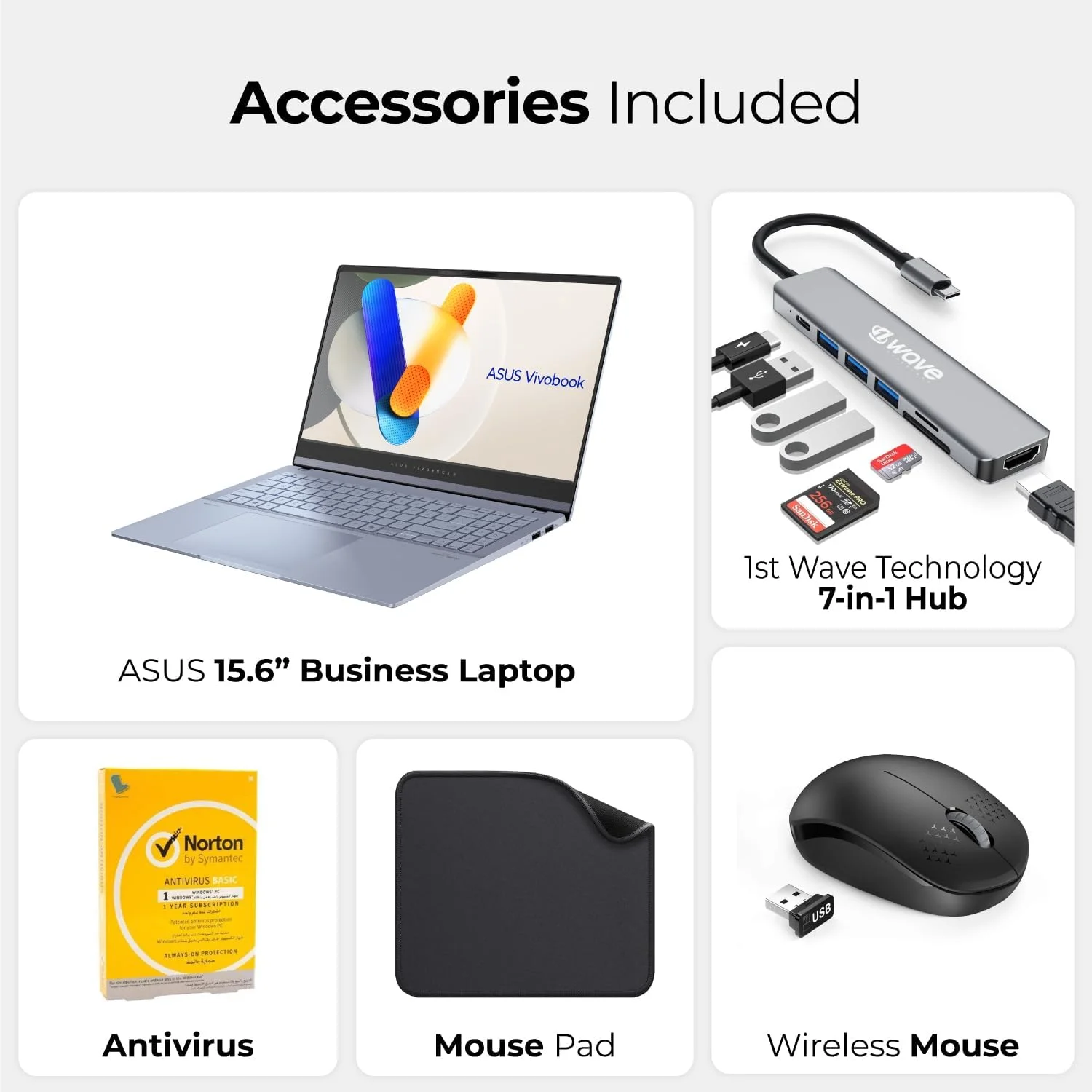 لپ تاپ تجاری ایسوس Vivobook 15 X1504VA، صفحه نمایش 15.6 اینچی FHD، پردازنده نسل سیزدهم Intel Core i7-1355U، رم 8 گیگابایتی، SSD 512 گیگابایتی، ویندوز 11 پرو، نقره ای خنک - شامل هاب 7 در 1 First Wave، ماوس، ماوس پد و آنتی ویروس