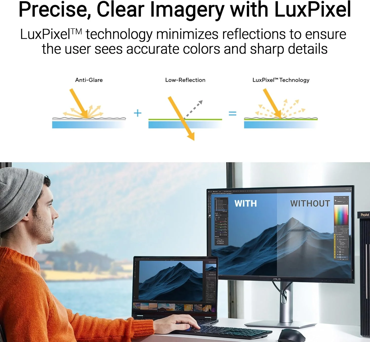 مانیتور حرفه ای ASUS ProArt Display 5K PA27JCV سایز 27 اینچ، IPS، 5K (5120 x 2880)، پوشش 99 درصدی DCI-P3، LuxPixel AGLR، تایید شده توسط Calman، USB-C PD 96 W، HDR 500، KVM، ارگونومیک