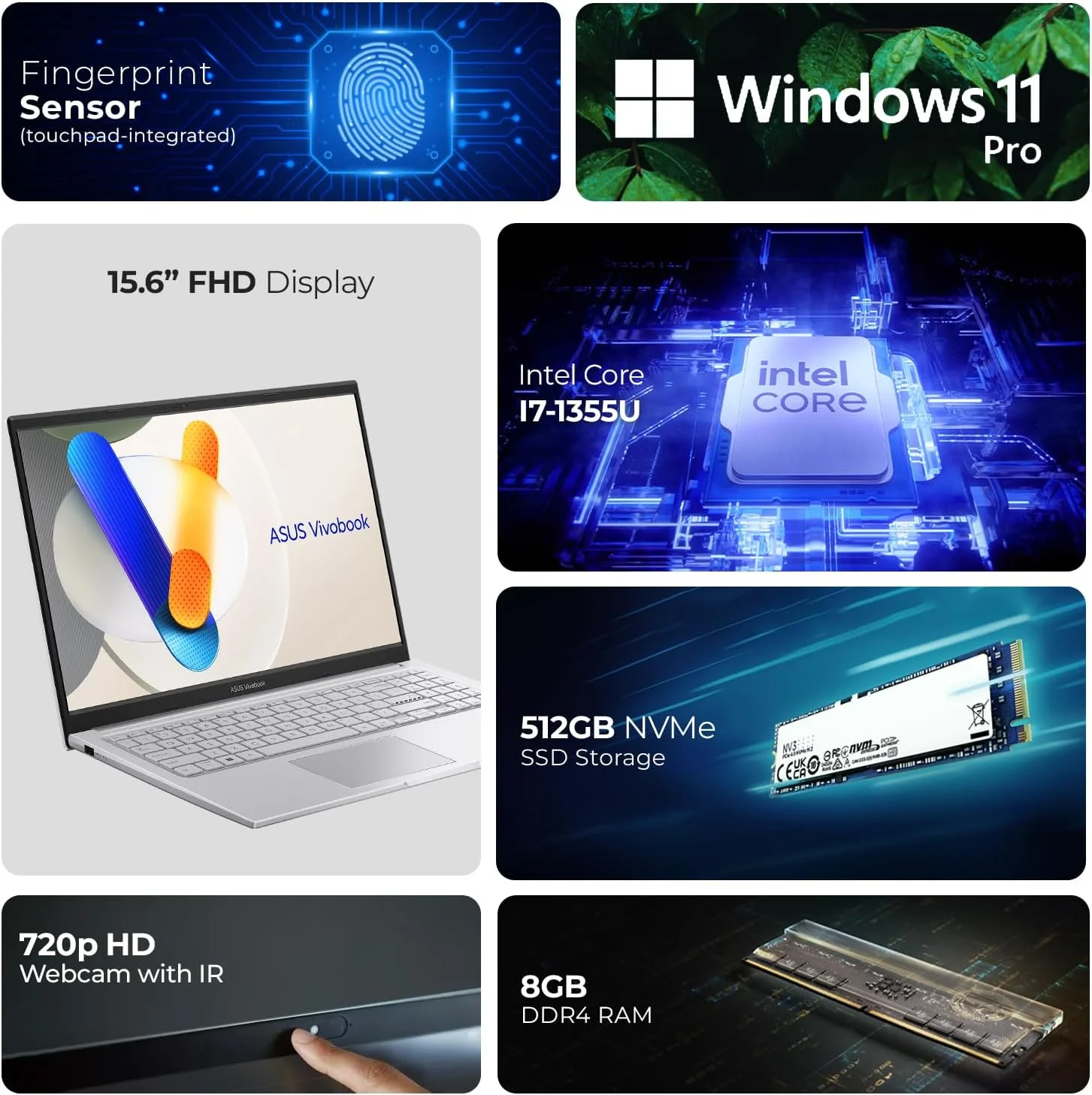 لپ تاپ تجاری ایسوس Vivobook 15 X1504VA، صفحه نمایش 15.6 اینچی FHD، پردازنده نسل سیزدهم Intel Core i7-1355U، رم 8 گیگابایتی، SSD 512 گیگابایتی، ویندوز 11 پرو، نقره ای خنک - شامل هاب 7 در 1 First Wave، ماوس، ماوس پد و آنتی ویروس