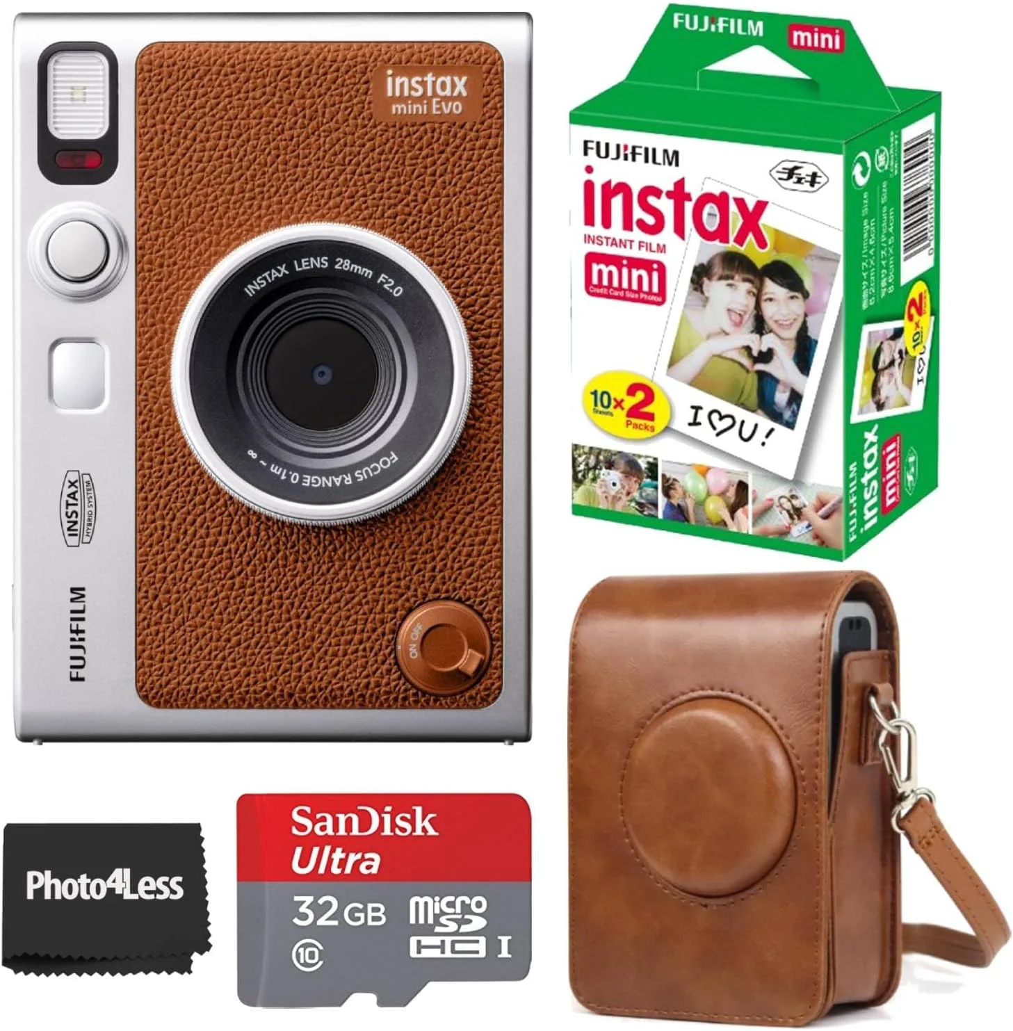 دوربین چاپ سریع هیبریدی فوجی فیلم Instax Mini EVO قهوه ای | فیلم فوری تک بسته ای فوجی Instax Mini | کارت حافظه microSD 32 گیگابایتی | کیف دوربین - بسته نرم افزاری