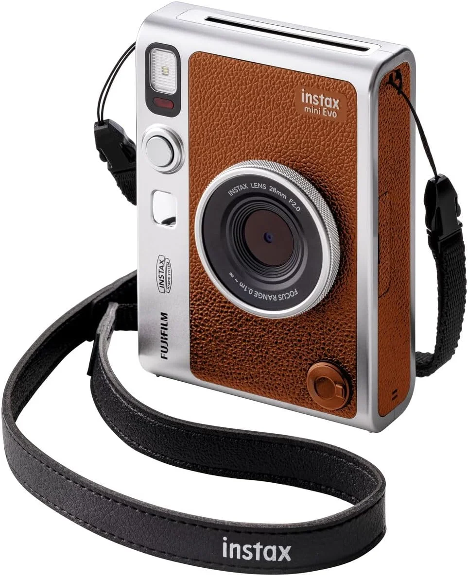 دوربین چاپ سریع هیبریدی فوجی فیلم Instax Mini EVO قهوه ای | فیلم فوری تک بسته ای فوجی Instax Mini | کارت حافظه microSD 32 گیگابایتی | کیف دوربین - بسته نرم افزاری