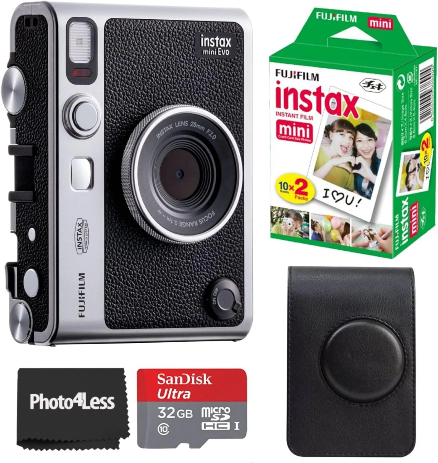 دوربین چاپ سریع هیبریدی فوجی فیلم Instax Mini EVO مشکی به همراه 20 عدد فیلم فوری Instax Mini، کارت حافظه MicroSD 32 گیگابایتی و کیف محافظ طرح وینتیج مشکی