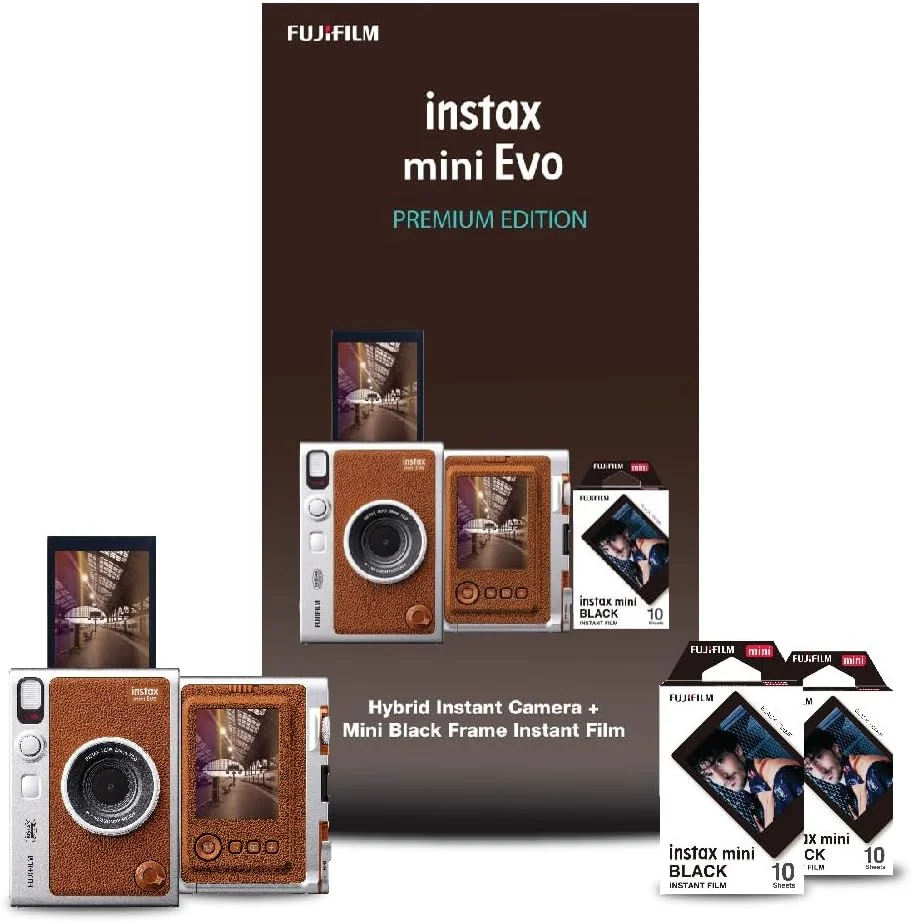 دوربین هیبریدی فوجی فیلم Instax Mini Evo نسخه پریمیوم با 20 شات فیلم سیاه Instax Mini و 100 حالت مختلف - (قهوه ای)