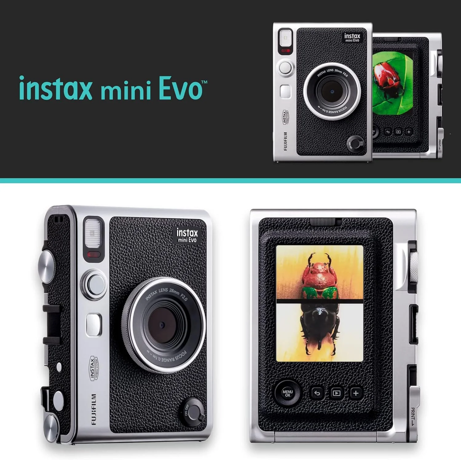 دوربین چاپ سریع هیبریدی فوجی فیلم Instax Mini EVO مشکی به همراه 20 عدد فیلم فوری Instax Mini، کارت حافظه MicroSD 32 گیگابایتی و کیف محافظ طرح وینتیج مشکی