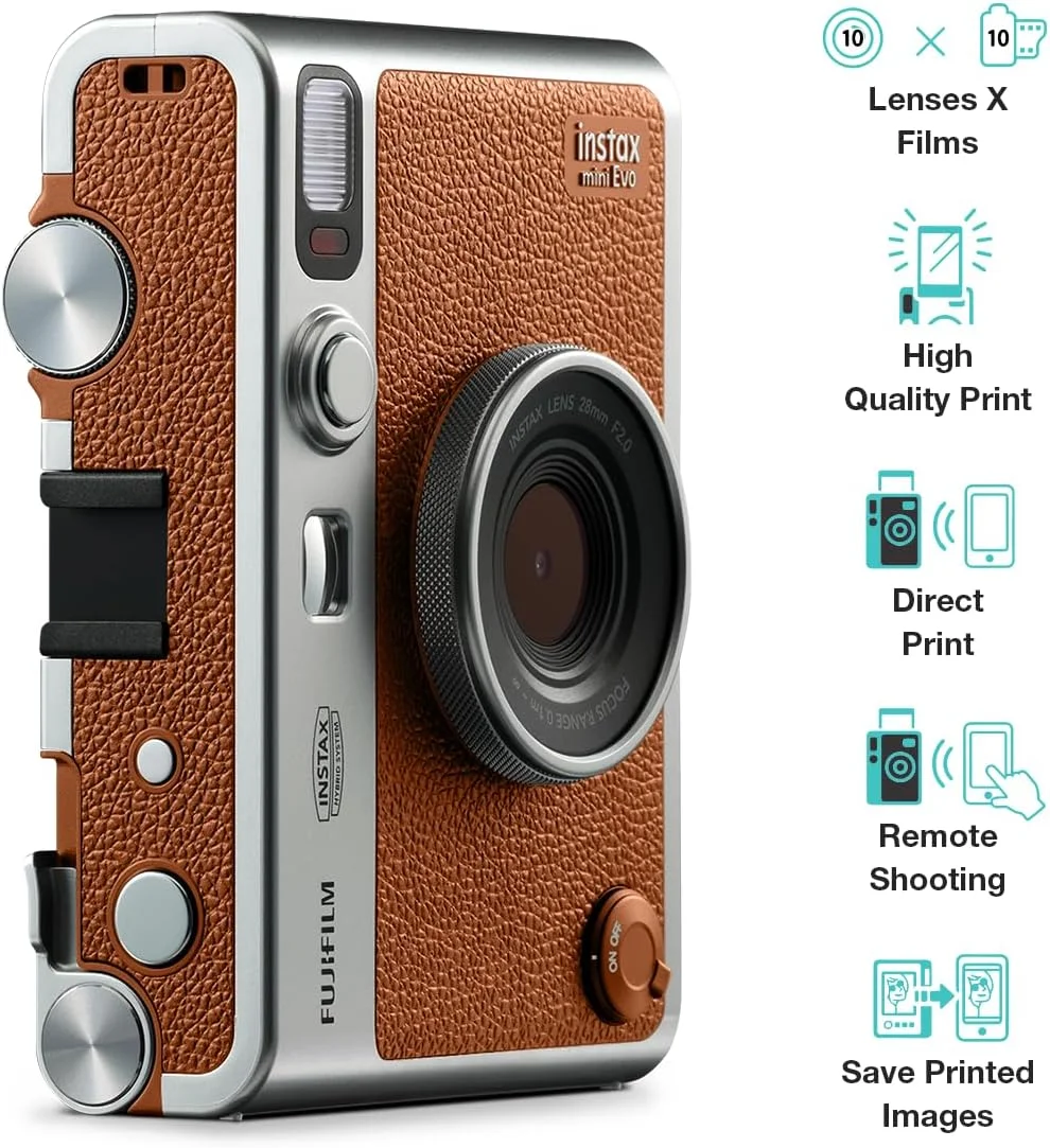 دوربین هیبریدی فوجی فیلم Instax Mini Evo نسخه پریمیوم با 20 شات فیلم سیاه Instax Mini و 100 حالت مختلف - (قهوه ای)