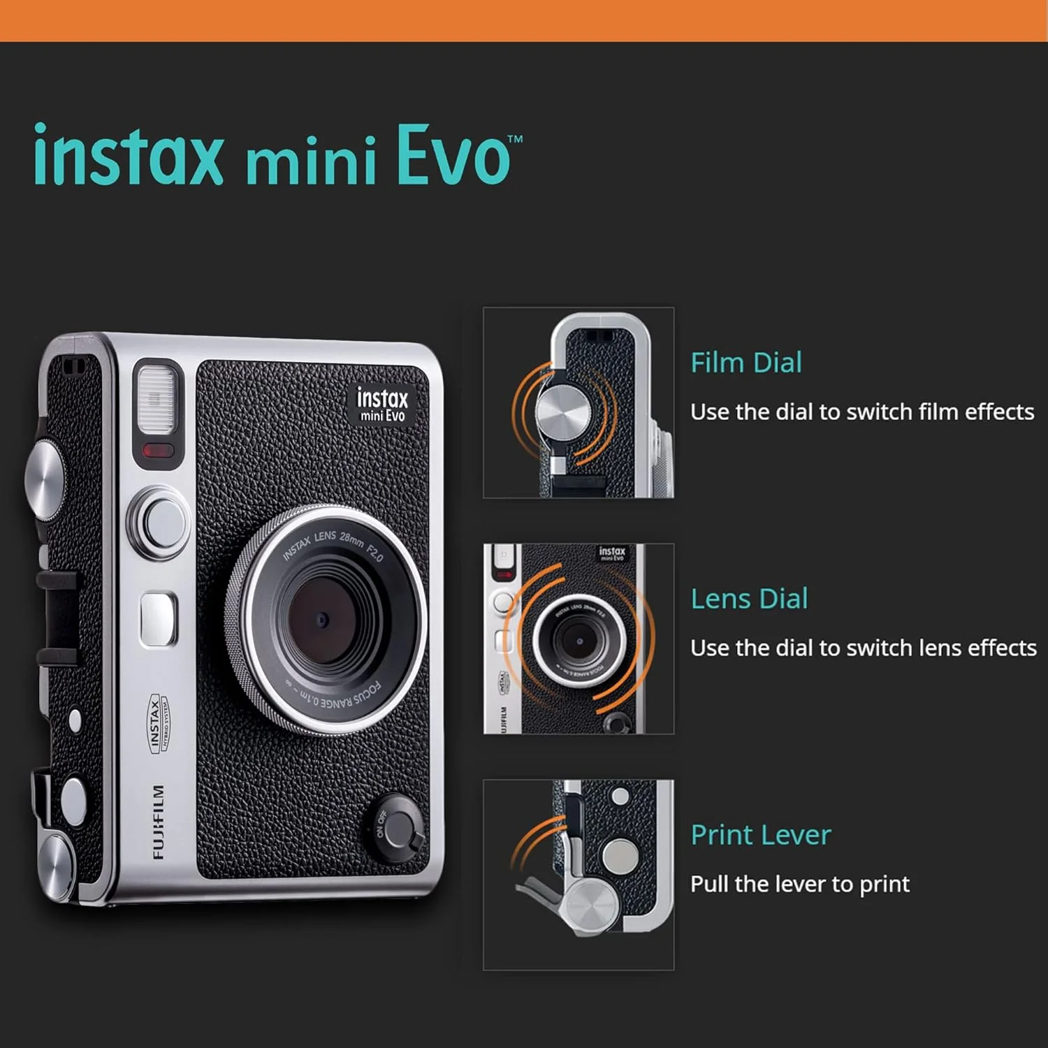 دوربین چاپ سریع هیبریدی فوجی فیلم Instax Mini EVO مشکی به همراه 20 عدد فیلم فوری Instax Mini، کارت حافظه MicroSD 32 گیگابایتی و کیف محافظ طرح وینتیج مشکی
