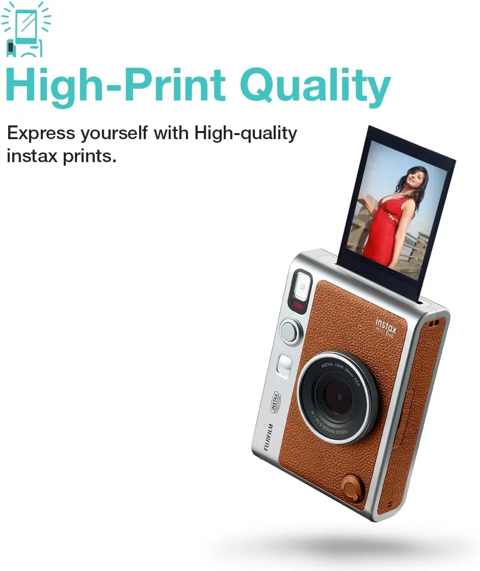 دوربین هیبریدی فوجی فیلم Instax Mini Evo نسخه پریمیوم با 20 شات فیلم سیاه Instax Mini و 100 حالت مختلف - (قهوه ای)