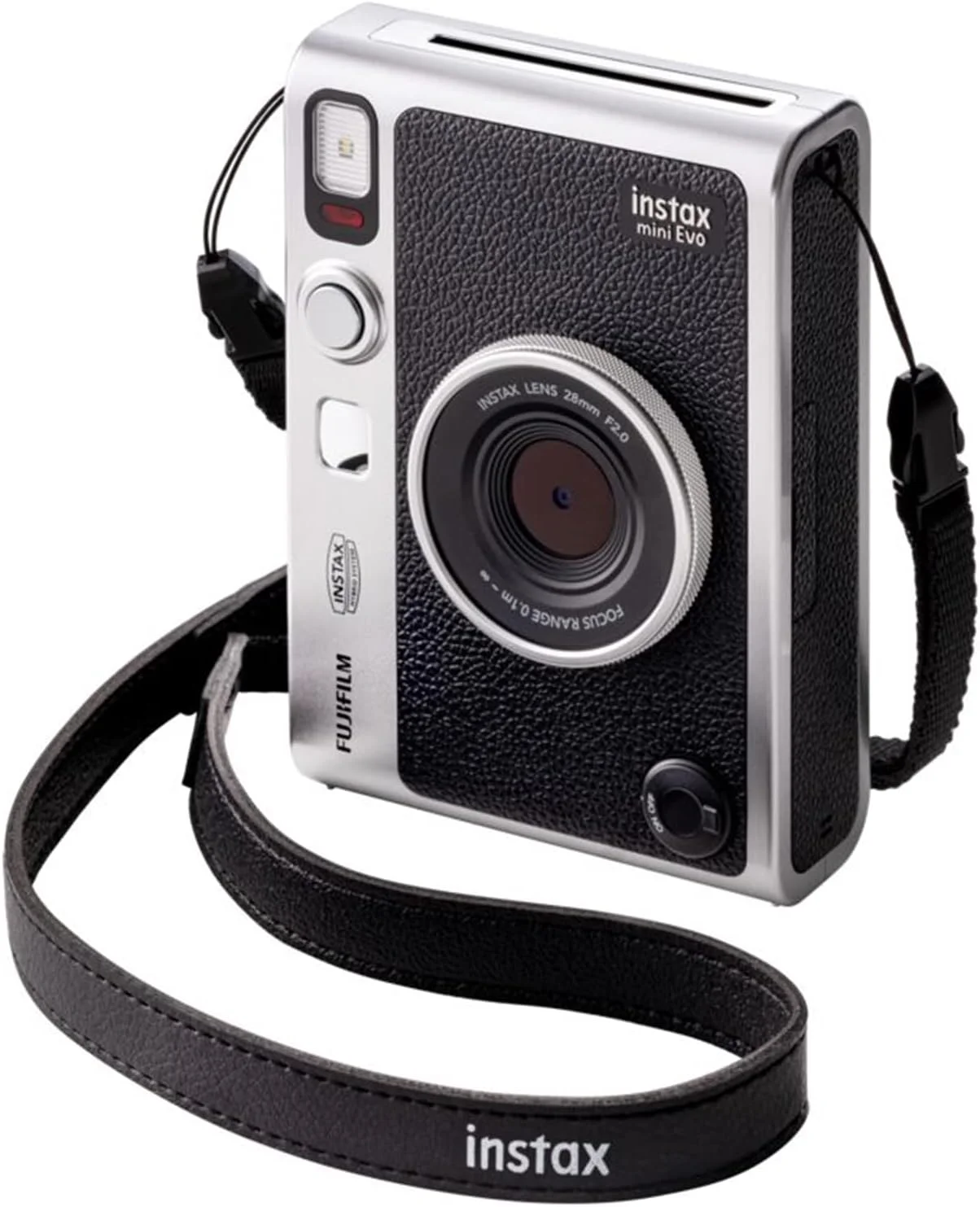 دوربین چاپ سریع هیبریدی فوجی فیلم Instax Mini EVO مشکی به همراه 20 عدد فیلم فوری Instax Mini، کارت حافظه MicroSD 32 گیگابایتی و کیف محافظ طرح وینتیج مشکی