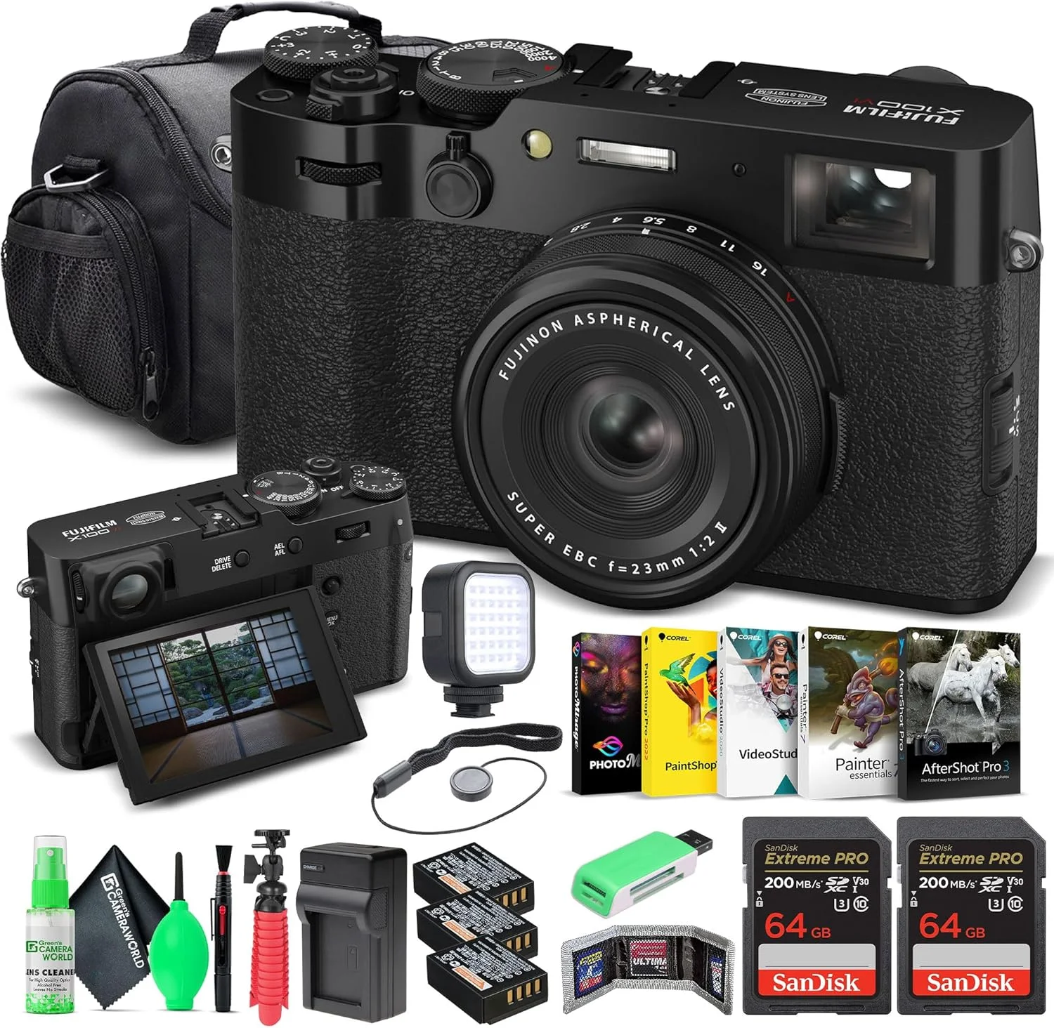 دوربین دیجیتال FUJIFILM X100VI (مشکی) (16821913) + 2 عدد کارت 64 گیگابایتی + کارت خوان + 2 عدد باتری NP-W126 + شارژر + چراغ LED + نرم افزار عکس + کیف حمل + سه پایه انعطاف پذیر + کیف پول کارت حافظه + موارد دیگر