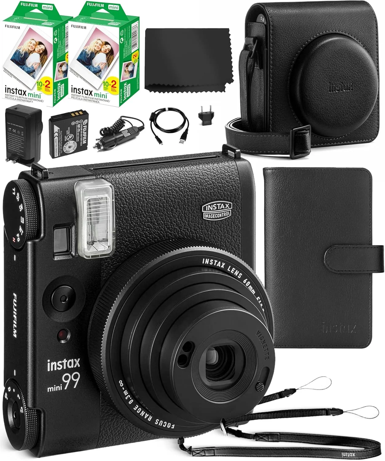 دوربین فیلم فوری فوجی‌فیلم Instax Mini 99 به همراه کیف دوربین Instax Mini 99، آلبوم عکس Instax Mini، 2 بسته فیلم فوری (20 عکس) و پارچه تمیز کننده میکروفیبر Waith (مجموعه ضروری)