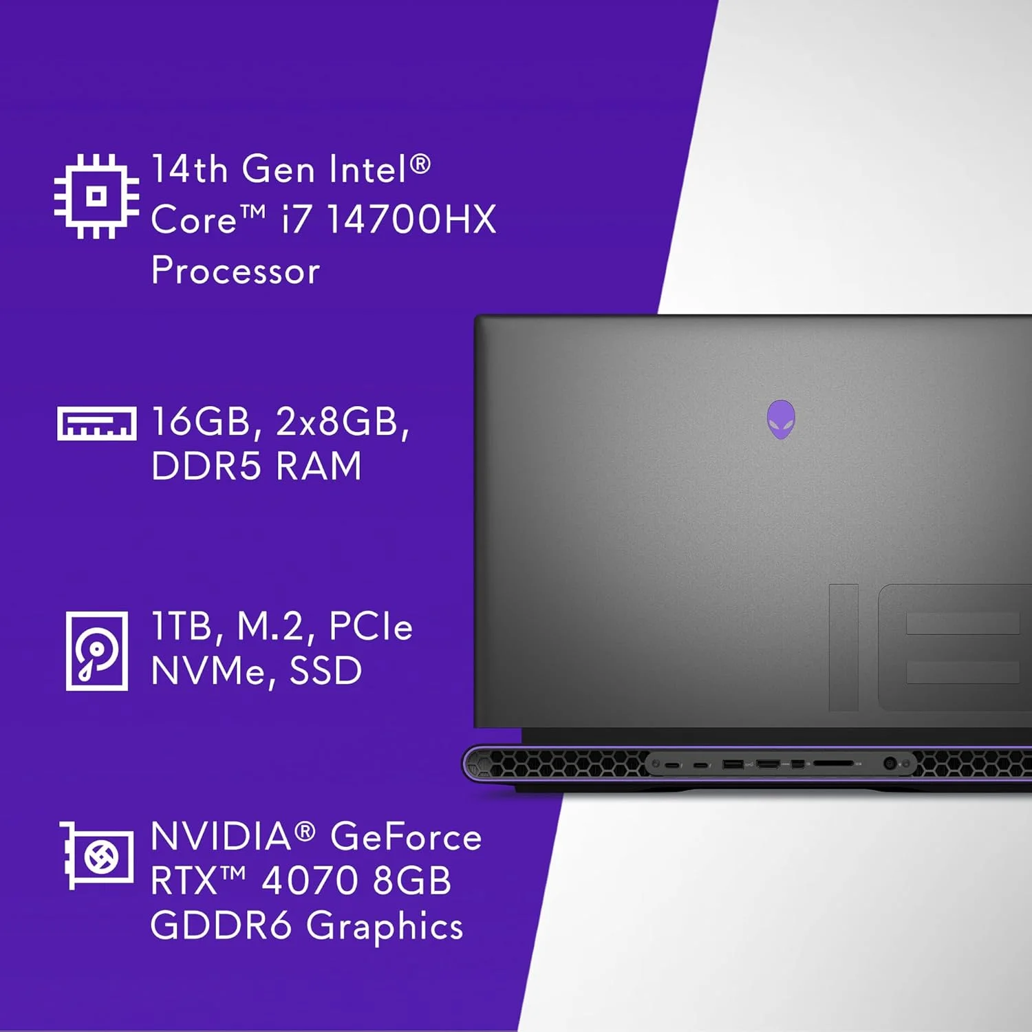 لپ تاپ گیمینگ Alienware M18 - صفحه نمایش 18 اینچی QHD+ 165Hz 3ms، پردازنده Intel Core i7-14700HX، رم 16 گیگابایتی DDR5، اس اس دی 1 ترابایتی، کارت گرافیک NVIDIA GeForce RTX 4070 8GB GDDR6، ویندوز 11 هوم، خدمات در محل - Dark Metallic Moon