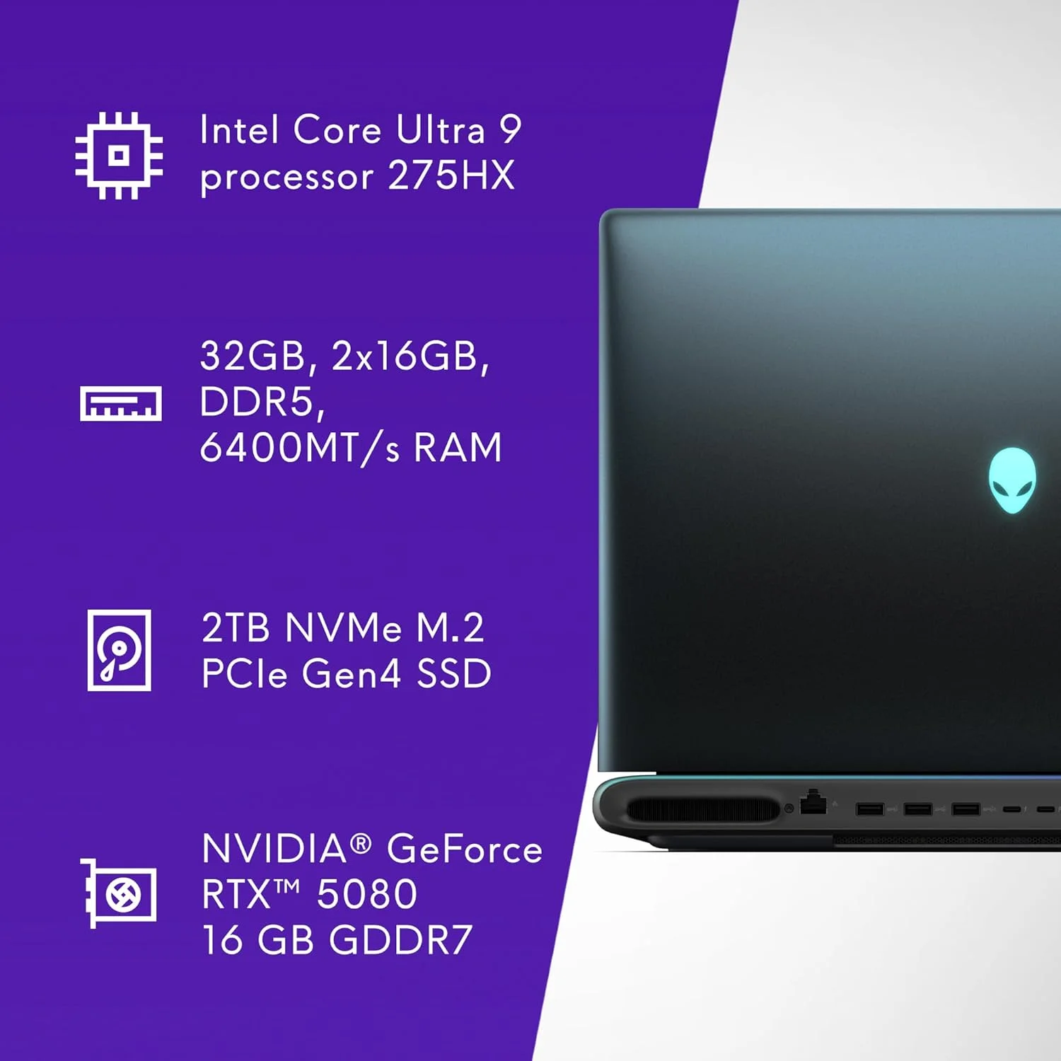 لپ تاپ گیمینگ Alienware 18 Space-51 مدل AA18250 - صفحه نمایش 18 اینچی WQXGA 300Hz 3ms، پردازنده Intel Core Ultra 9 275HX، کارت گرافیک NVIDIA GeForce RTX 5080، رم 32 گیگابایت 2x16GB DDR5، حافظه SSD 2 ترابایت NVMe M.2 PCIe Gen5، دوربین 2 مگاپیکسل FHD IR