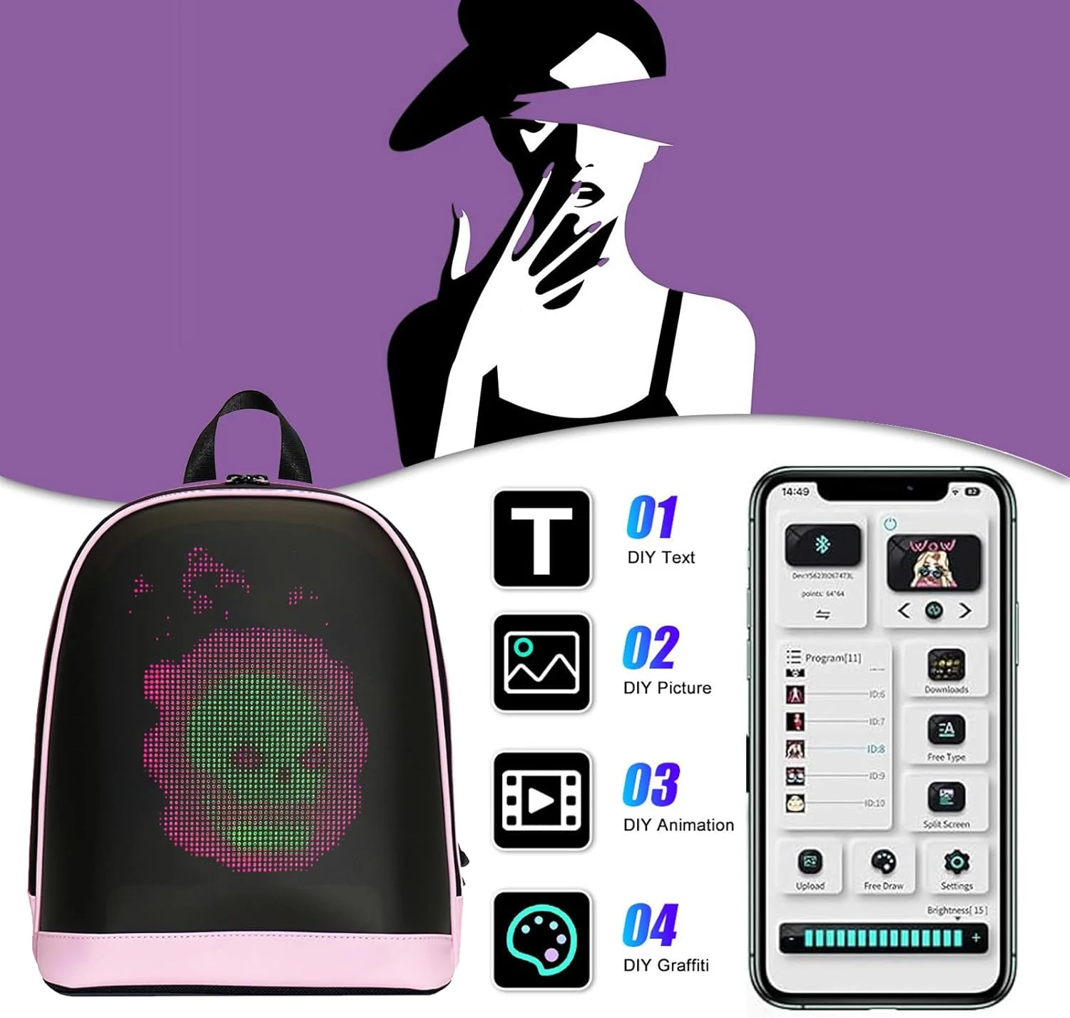 کوله پشتی پویا Crelander، کوله پشتی LED هوشمند، کیف شانه ای مینی مد روز، کوله پشتی روزانه قابل برنامه ریزی برای دوچرخه سواری و مسافرت